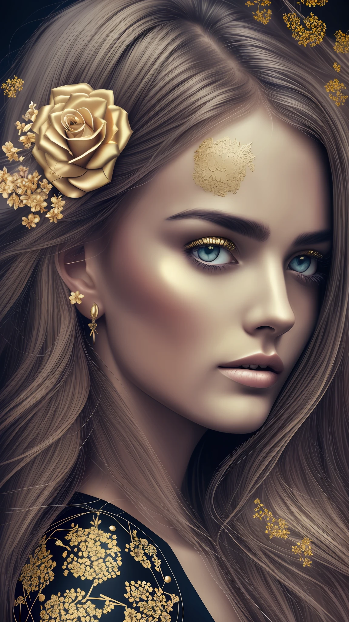 a metal plated face with colorful flowers, in the style of realistic portrait painter, dark black and white, light silver and gold, artgerm, uhd image, multilayered collages, feminine beauty --auto --s2