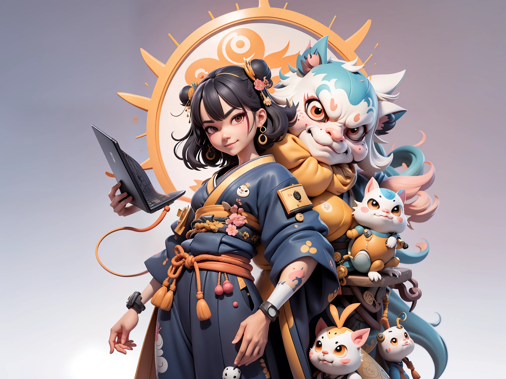 (Daisaku),(Need),(Super meticulous),(full bodyesbian:1.2),Japanese ukiyo-e girl，japanese geisha，Beautiful，Oriental dragon，Aeolian Thor，Raised sexy，爆乳，Oriental face，TV Anchor，Bust portrait illustration，Alone，In black suit，a blue tie，The face is slightly chubby，The face was clean，without a beard，Black super short hair，Black eyes，Smile confidently，3C computer sub-products，iPad， iphone，Digital painting，3D character design by Mark Clairen and Pixar and Hayao Miyazaki and Akira Toriyama，The illustration is a high-definition illustration in 4K resolution，With very detailed facial features and cartoon-style visuals。