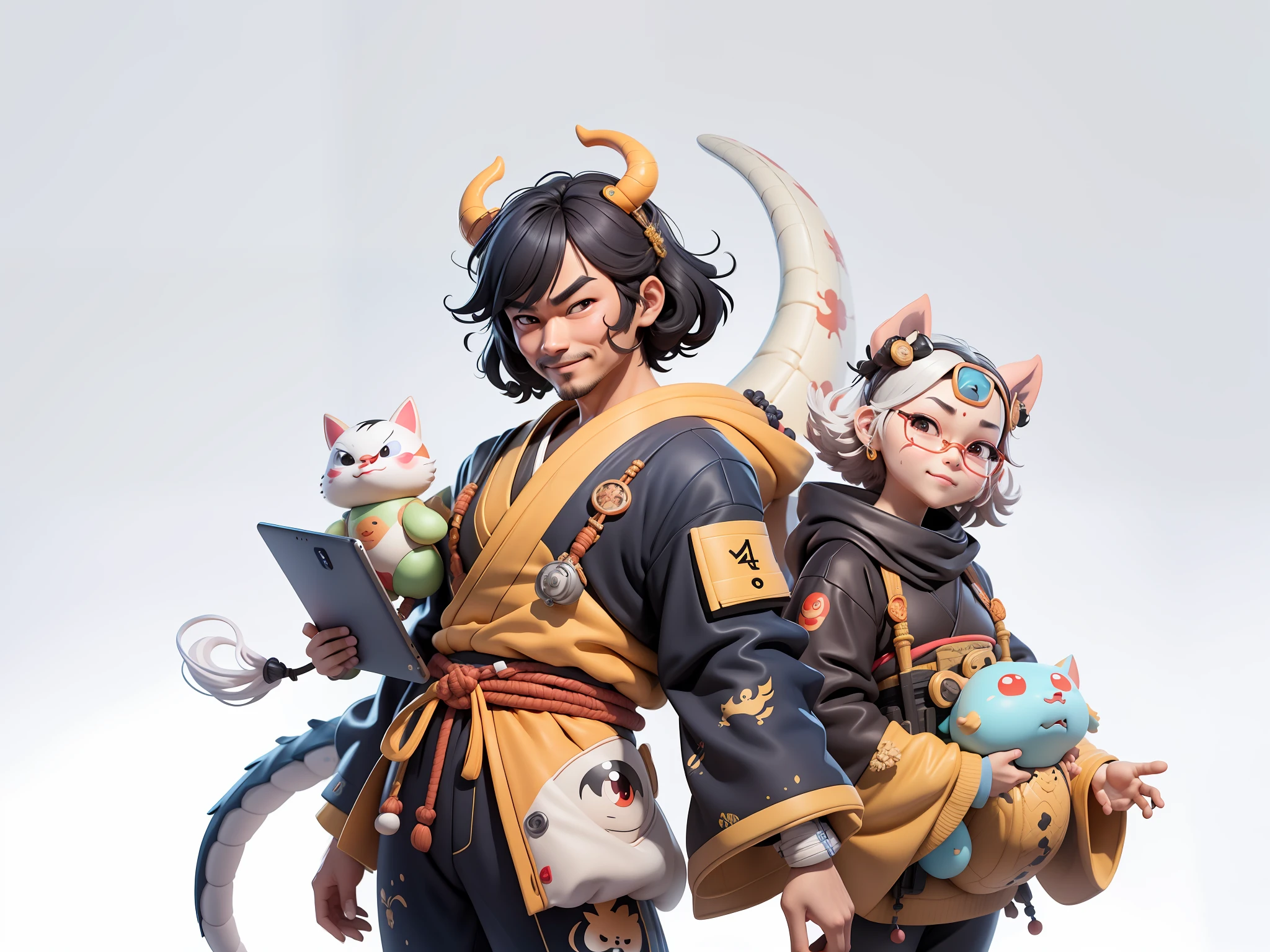 (Daisaku),(Need),(Super meticulous),(full bodyesbian:1.2),Japanese ukiyo-e girl,japanese geisha,Beautiful,Oriental dragon,Aeolian Thor,Raised sexy,爆乳,Oriental face,TV Anchor,Bust portrait illustration,Alone,In black suit,a blue tie,The face is slightly chubby,The face was clean,without a beard,Black super short hair,Black eyes,Smile confidently,3C computer sub-products,iPad, iphone,Digital painting,3D character design by Mark Clairen and Pixar and Hayao Miyazaki and Akira Toriyama,The illustration is a high-definition illustration in 4K resolution,With very detailed facial features and cartoon-style visuals。