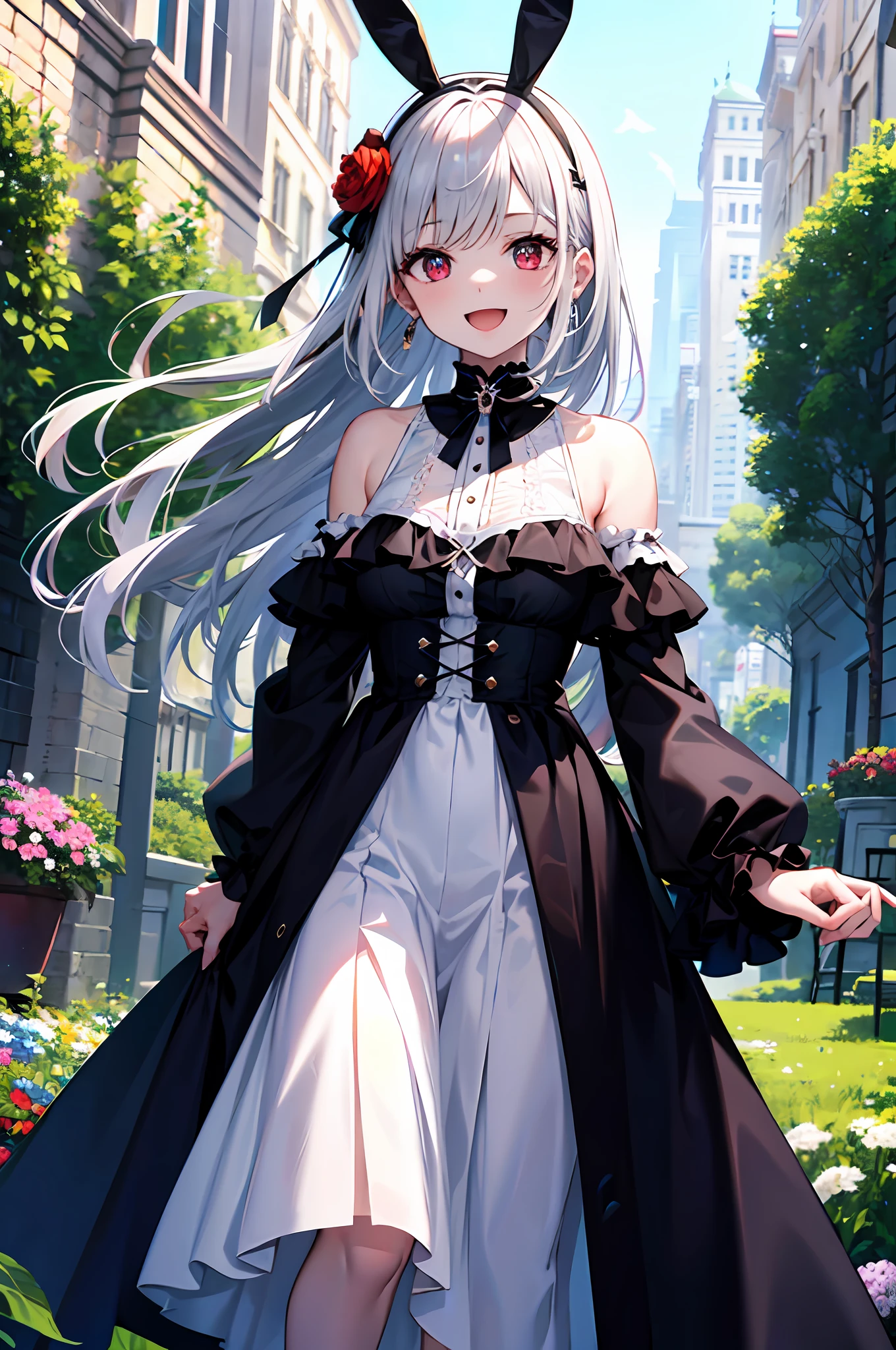Highest Quality, masterpiece, unbelievably beautiful, very delicate 8k wallpaper, Transcendently Beautiful Girl, (red eyes:1.1), (masterpiece face, masterpiece eyes:1.3), BREAK, (white gal), (white skin), (long silver Hair), BREAK, Flat_Chest, (Open your mouth and laugh smile:1.5), long eyelashes, makeup, BREAK, white ruffle dress, flare skirt, rabbit ears, BREAK, (Five Fingers, 4fingers and 1thumb), flower garden, many flowers, outdoors, daytime,