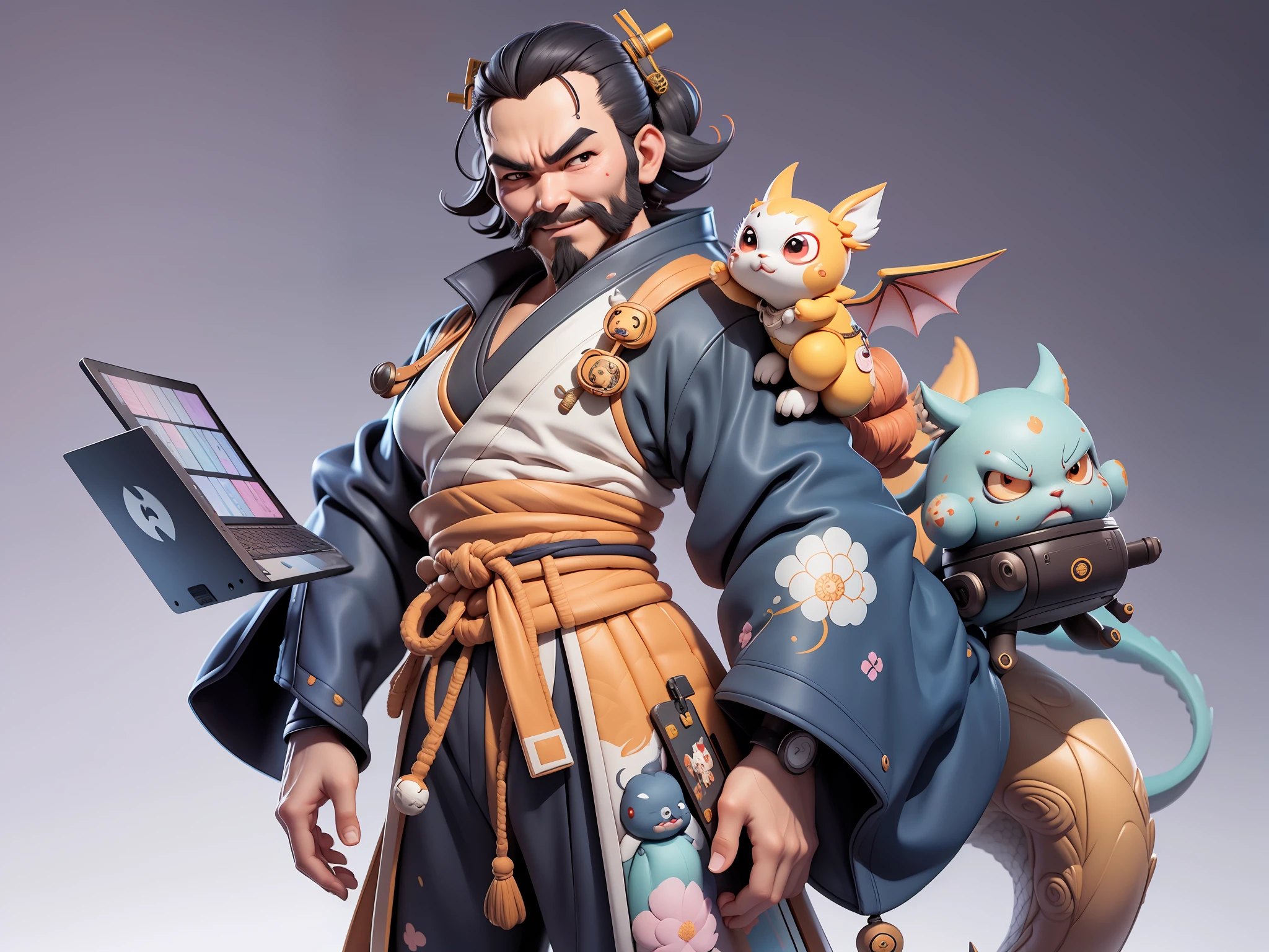 (Daisaku),(Need),(Super meticulous),(full bodyesbian:1.2),Japanese ukiyo-e girl,japanese geisha,Beautiful,Oriental dragon,Aeolian Thor,Raised sexy,爆乳,Oriental face,TV Anchor,Bust portrait illustration,Alone,In black suit,a blue tie,The face is slightly chubby,The face was clean,without a beard,Black super short hair,Black eyes,Smile confidently,3C computer sub-products,iPad, iphone,Digital painting,3D character design by Mark Clairen and Pixar and Hayao Miyazaki and Akira Toriyama,The illustration is a high-definition illustration in 4K resolution,With very detailed facial features and cartoon-style visuals。