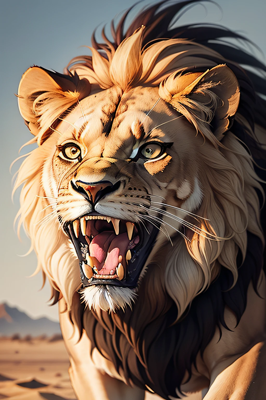a lion facing forward and with an open mouth
