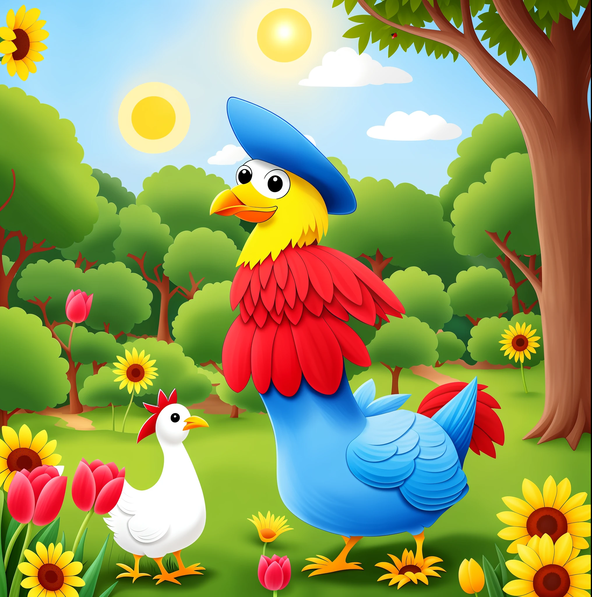 Drawing of blue chicken animal with yellow spots is strolling in a flowering forest. the sun is shining, the birds are singing and the flowers are blooming. The chick chicken is very happy. Ela corre de flor em flor, picking petals and making crowns. She also meets many new friends, como a borboleta, o beija-flor e o sapo. Eles brincam juntos o dia todo e se divertem muito. in the nighttime, a galinha pintadinha volta para casa, cansada mas feliz. Ela sonha com todos os seus novos amigos e com o dia maravilhoso que teve. Here are some additional details that can be included in the cartoon: The painted chicken is wearing a beautiful red dress with a straw hat. The forest is full of different types of trees and flowers, incluindo rosas, tulips and sunflowers. The animals of the woods are all very friendly and like to play with the painted chicken. A galinha pintadinha tem muitas aventuras no bosque, How to climb a tree, cruzar um riacho e procurar tesouros. No final do dia, a galinha pintadinha volta para casa feliz e satisfeita. I hope you enjoy this cartoon!