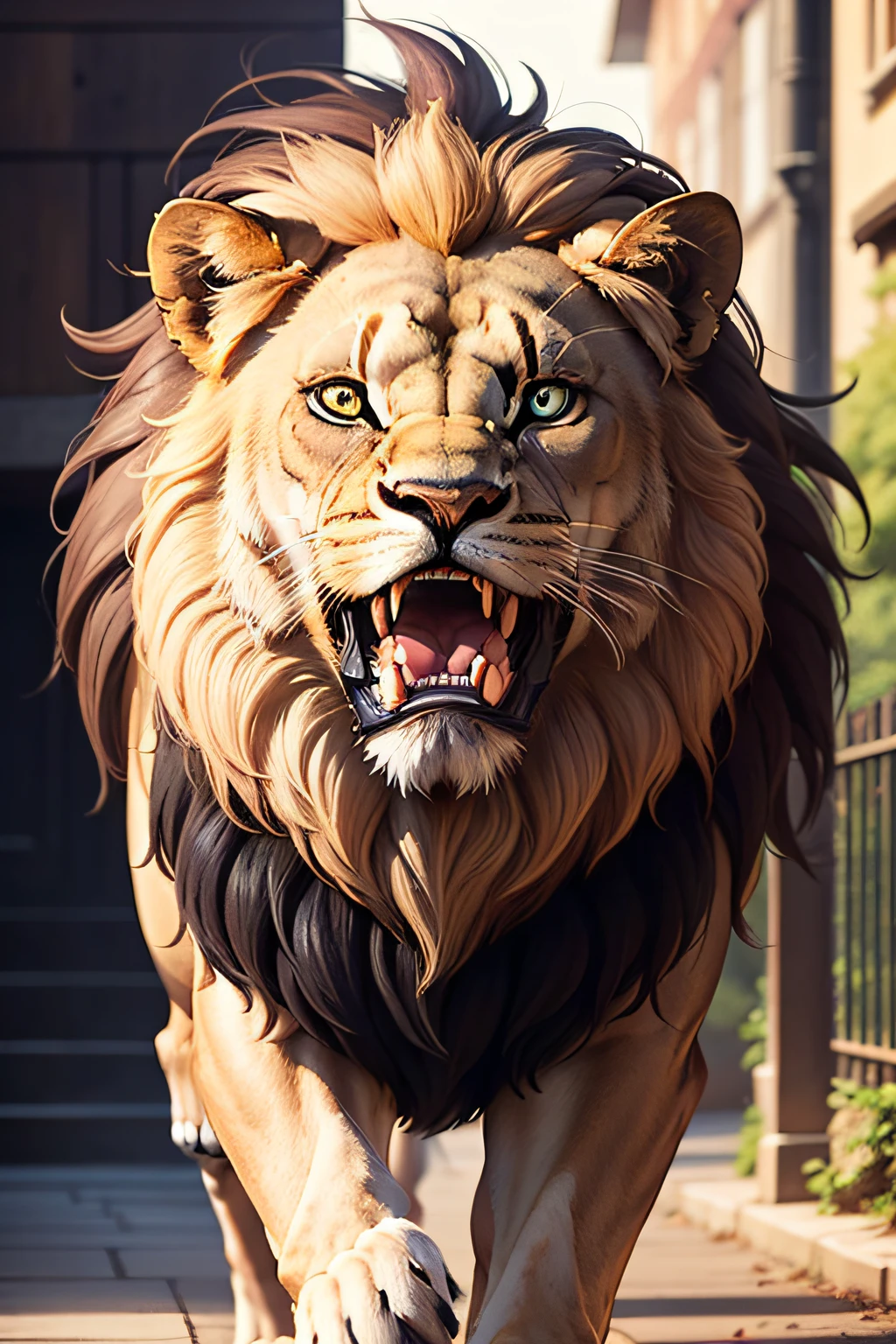 a lion facing forward and with an open mouth