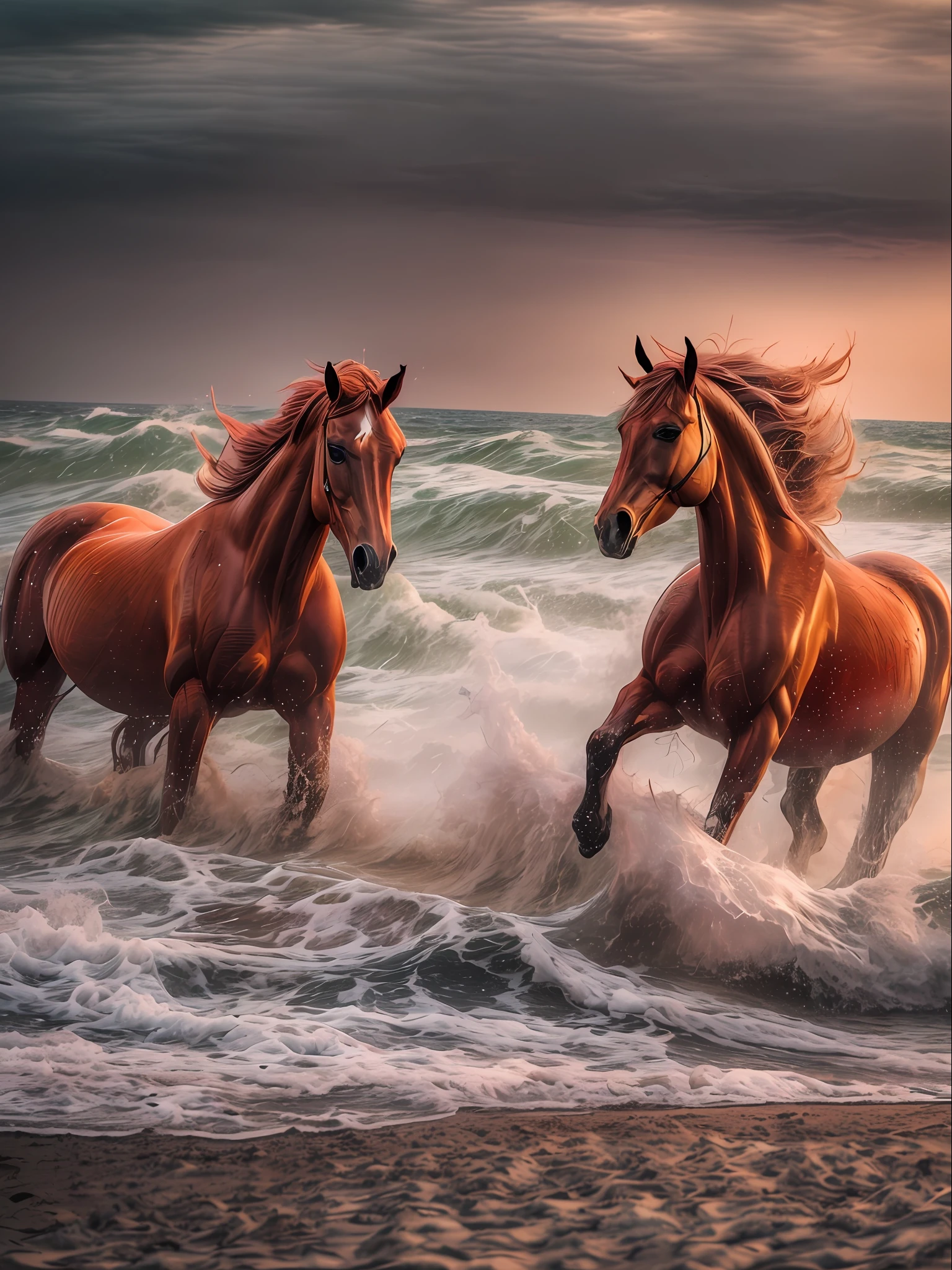 (tempest, waves, splatter (Two red horses running along the seashore)), Color Image, (Sunset on the sea), Lightroom, Cinematic, HDR, Soggy, an intricate, hiquality, Calm tones, Complicated details, low contrast