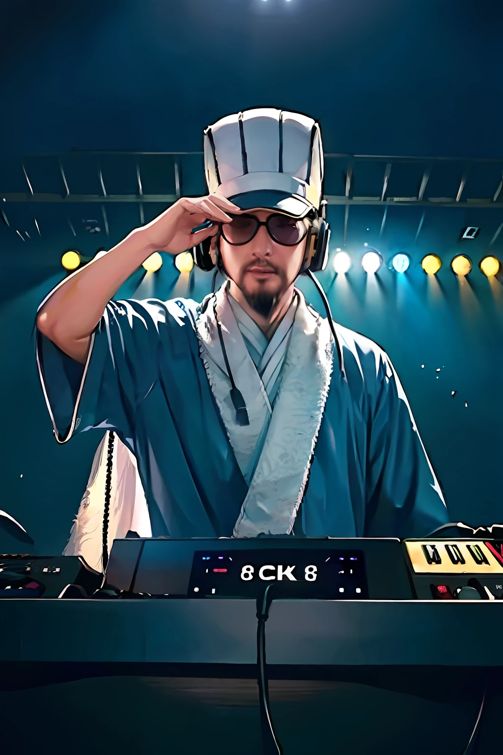 1boy,(8k, best quality, masterpiece:1.4), cow boy shot,
white chinese hat, chinese clothes, plume,white cloth,
(DJ:1.3), headphones, (headphones_around_neck), 
chemion glasses, sun glasses, led glasses, indoor,  club, (nightclub:1.3), party guy,