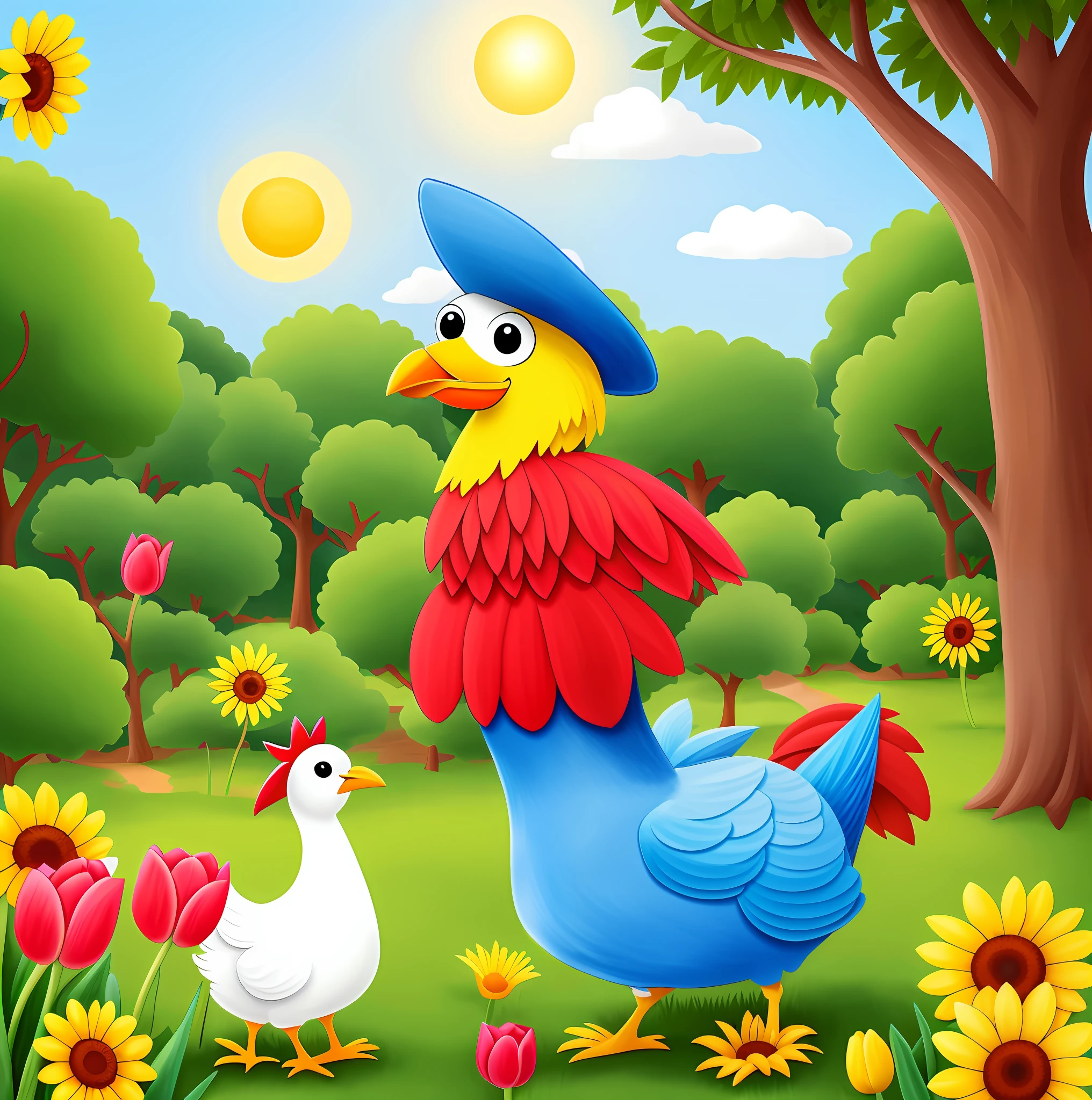 Drawing of blue chicken animal with yellow spots is strolling in a flowery forest. the sun is shining, the birds are singing and the flowers are blooming. The chick chicken is very happy. Ela corre de flor em flor, Harvest petals and make crowns. She also meets many new friends, como a borboleta, o beija-flor e o sapo. Eles brincam juntos o dia todo e se divertem muito. in the nighttime, a galinha pintadinha volta para casa, cansada mas feliz. Ela sonha com todos os seus novos amigos e com o dia maravilhoso que teve. Here are some additional details that can be included in the cartoon: The painted chicken is wearing a beautiful red dress with a straw hat. The forest is full of different types of trees and flowers, incluindo rosas, tulips and sunflowers. The animals of the forest are all very friendly and like to play with the painted chicken. A galinha pintadinha tem muitas aventuras no bosque, How to climb a tree, cruzar um riacho e procurar tesouros. no final do dia, a galinha pintadinha volta para casa feliz e satisfeita. Espero que gostem deste desenho animado!