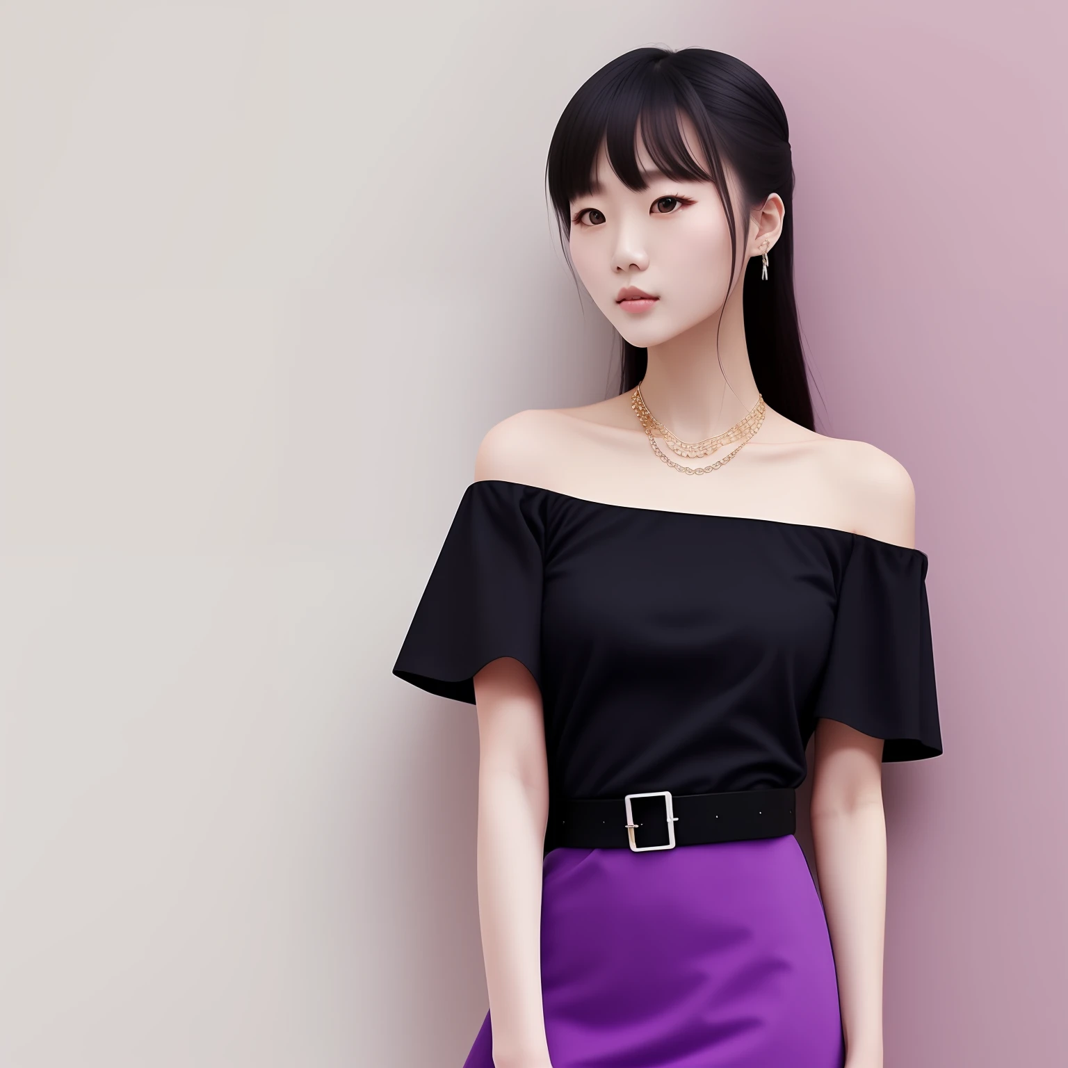 A Chinese woman on off-white wall background, fluffy hair, delicate face, realistic, real, slender, large aperture, wearing a light purple dress, round neck dress, off-the-shoulder dress, tight dress, black belt, with necklace,