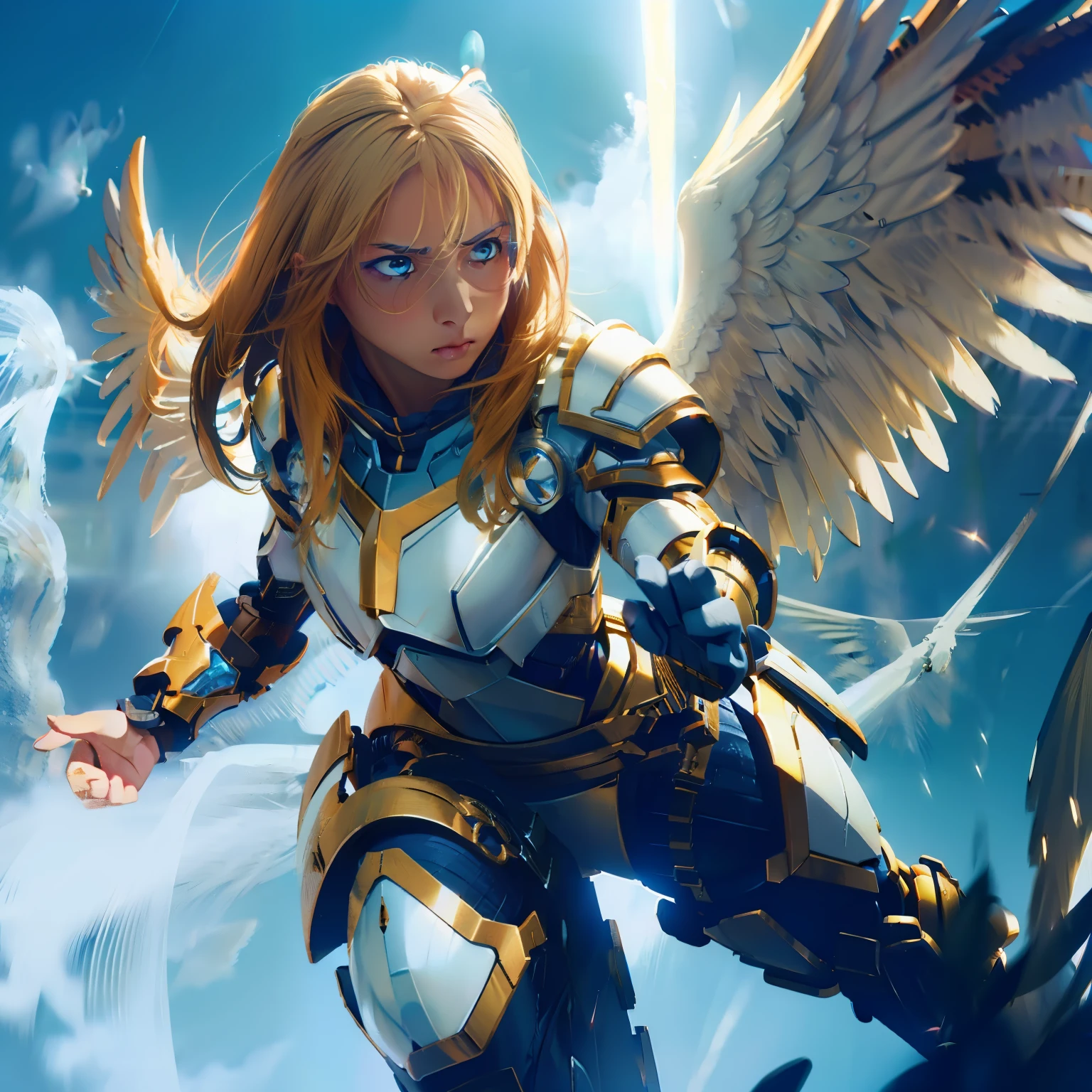 (highres, best quality, masterpiece), depth of field, adult female, solo, bold colors 4K, dramatic lighting, action scene, blonde hair, hair parted, hair between eyes, blue eyes, (detailed eyed), looking fierce, serious expression, angry expression, looking out into the distance, looking away, smooth skin, fully body, physically fit body, mechanical armor, (high-tec armor), angelic wings, white wings, hovering in the air, gliding in the air, making a fist, looking to strike, closed_mouth, crouching down, shooting a beam of light from her hand, firing a blast of blue light from her palm, a beam of pure energy
