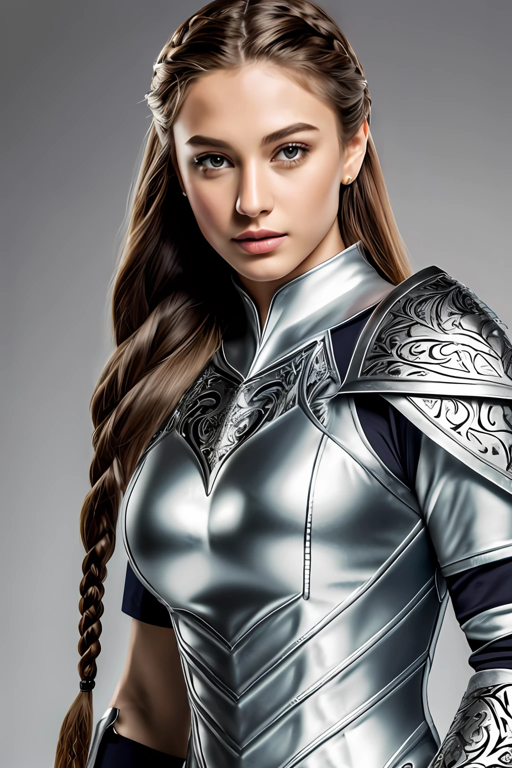tmasterpiece,best qualtiy,hdr, hyper HD, 8K,Bokeh,Ultra-fine painting,Sharp focus,Physically-based rendering,Extreme detail description,1 female paladin,Raised sexy,ride horse,sabre,Light silver armor,(Richly decorated armor:1.5),(The print pattern is delicate and beautiful:1.5),red brown hair,Long, Thick braids,A detailed eye,Straight nose,perfect bodies,