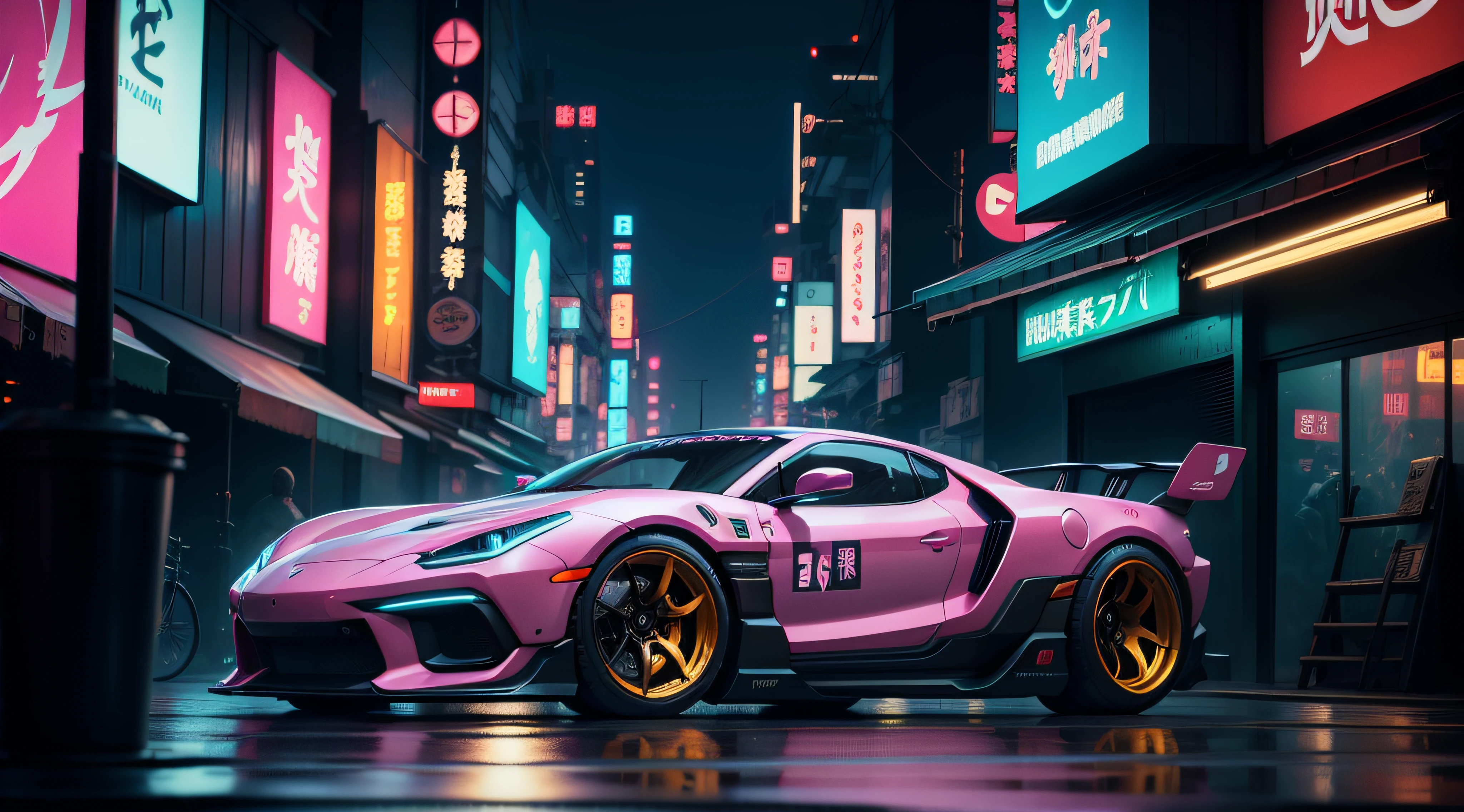 cyberpunk concept car in a japanese neon city