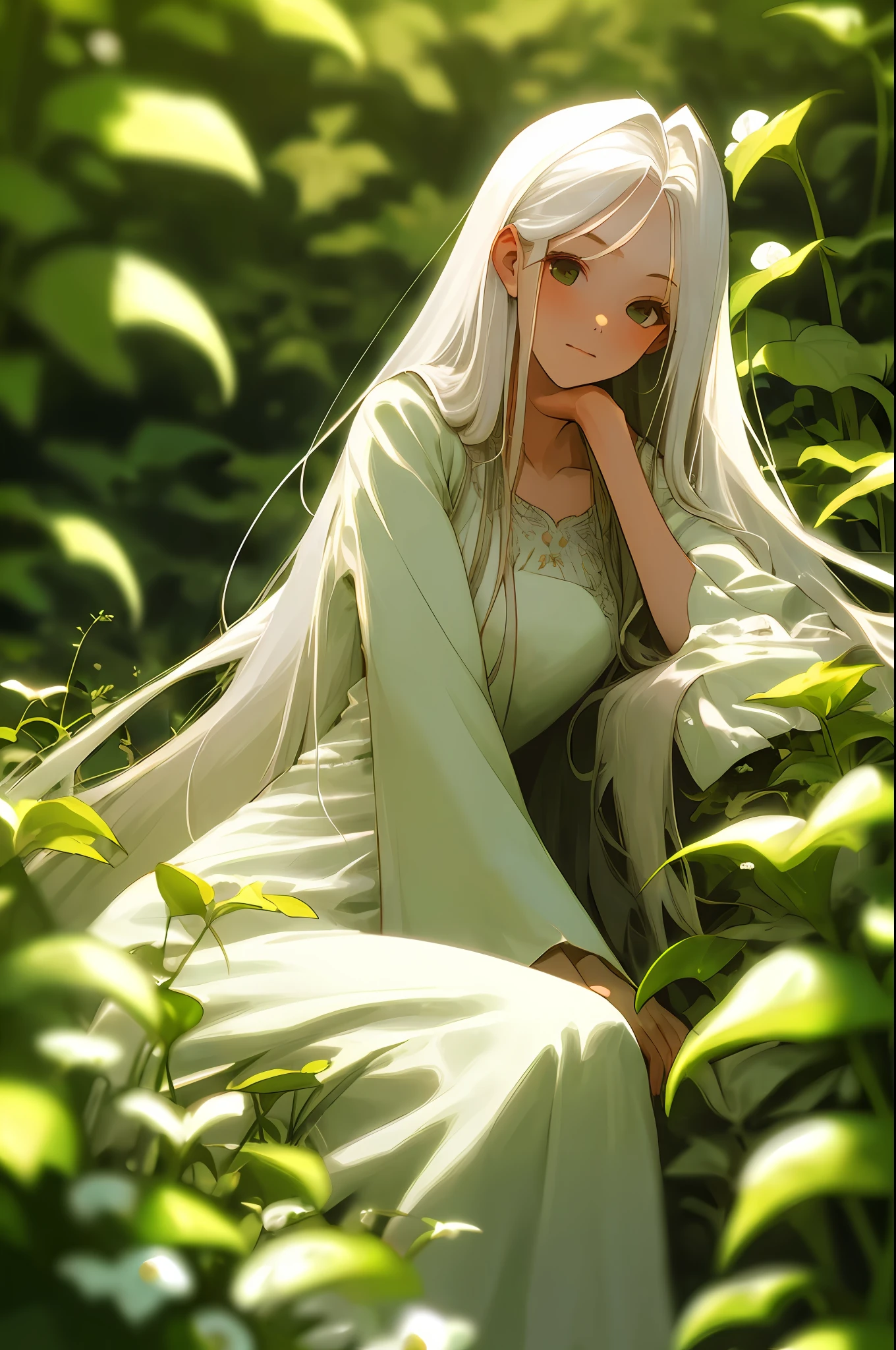 (masterpiece, best quality),1girl with long white hair sitting in a field of green plants and flowers, her hand under her chin, warm lighting, white dress, blurry foreground