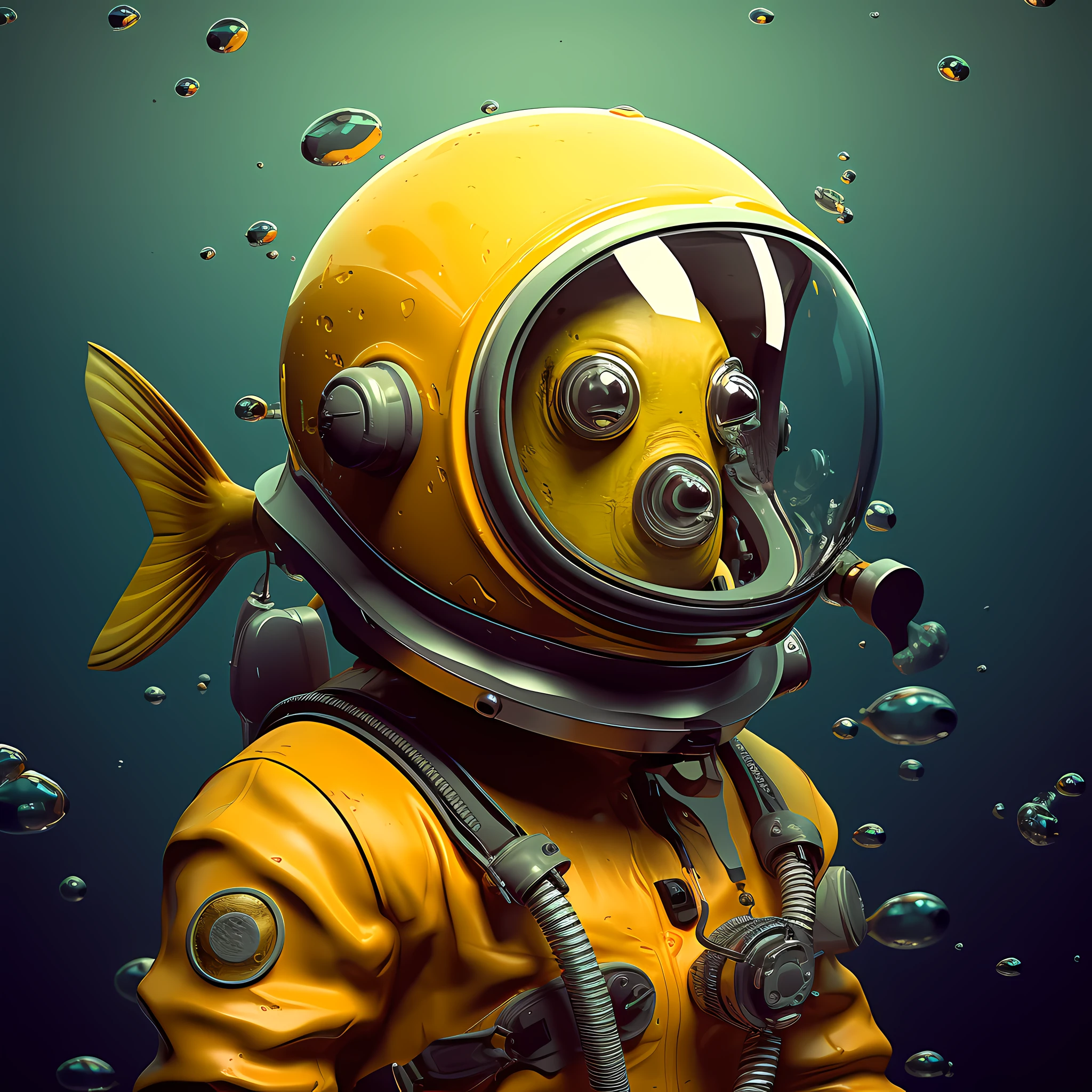 Il y a une combinaison de plongeur jaune avec un poisson dedans, An astronaut lost in the ocean, Plongeur sous-marin, Un astronaute est sous la mer, Astronaut in the Ocean, Combinaison spatiale jaune, Scaphandre, wojtek fus, stunning digital illustration, Astronaute futuriste, par Sebastian Spreng, Digital 3D art rendering, par Mike Winkelmann, par Filip Hodas