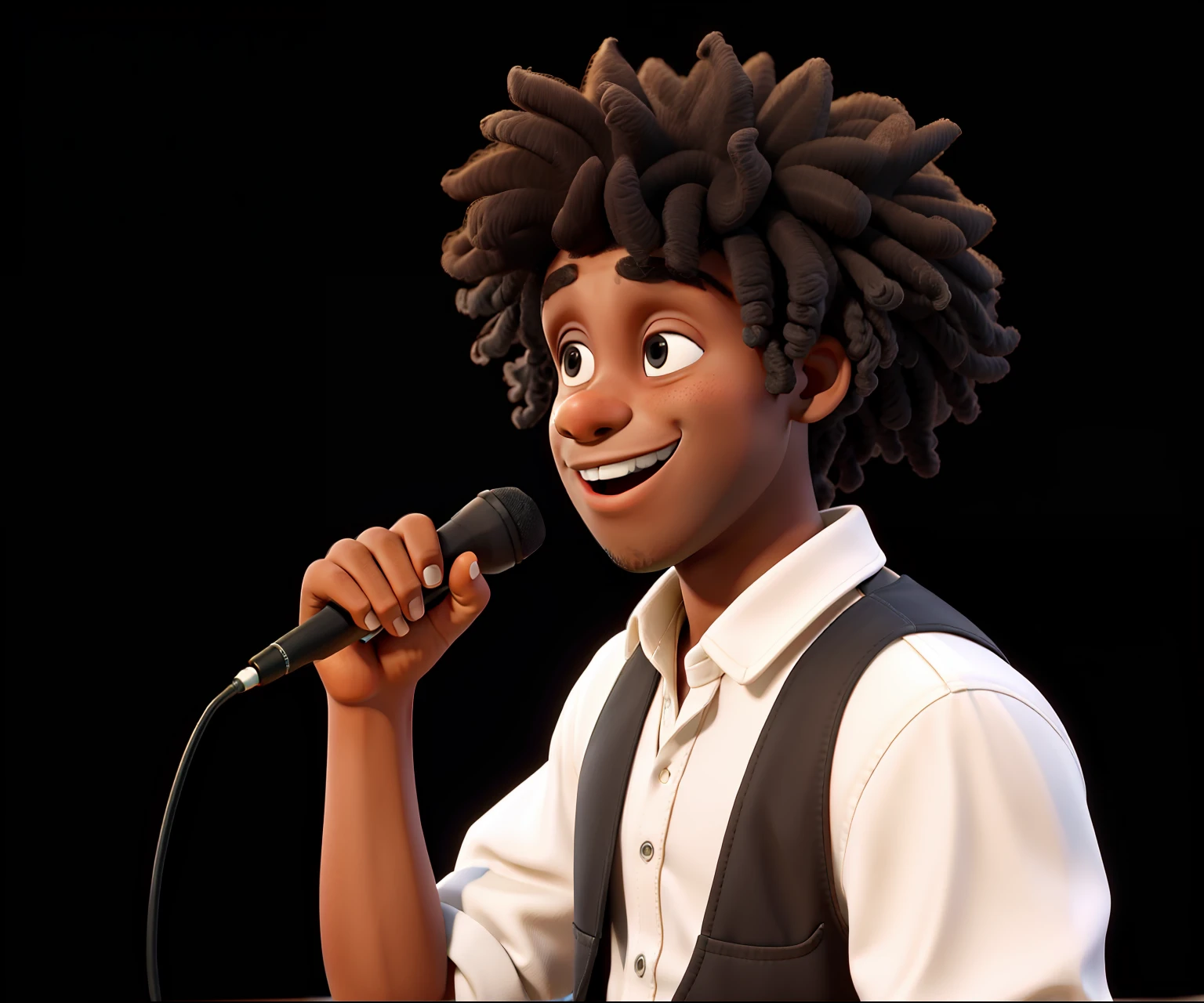Obra prima de um jovem negro, aproximadamente 25 anos, cavanhaque preto, Feliz, cantoria, with a microphone in hand, Roupas elegantes, um terno, lindo e elegante, cabelo black-power preto com detalhes loiros, ao fundo, a blurry music studio in high definition, The work should be in crisp 8K with cinematic lighting