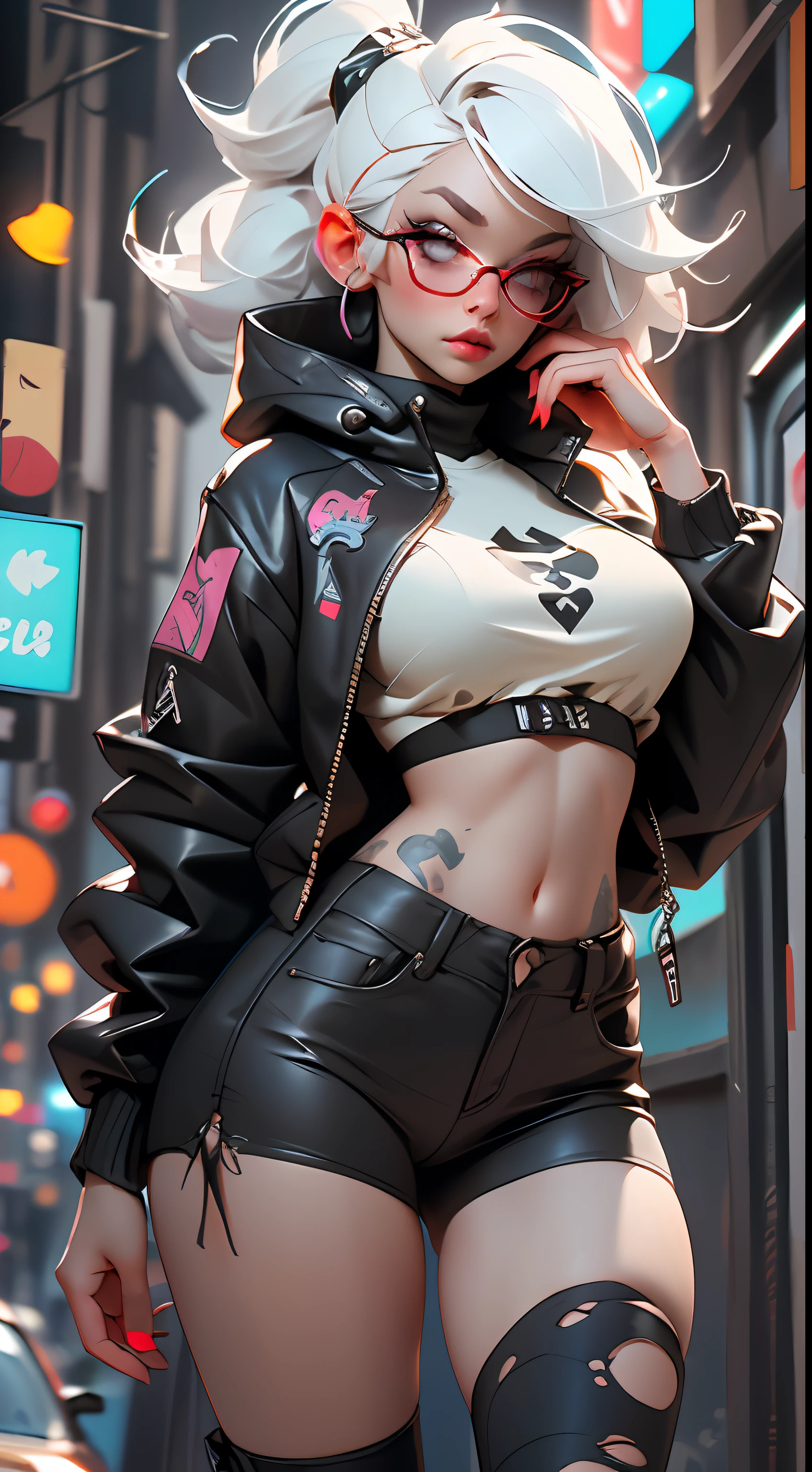 ((Best Quality)), ((Masterpiece)), ((Realistic)) and ultra-detailed photography of a 1nerdy girl with goth and neon colors. She has ((white hair)), wears a techwear jacket , glasses and exudes a vibe ((beautiful and aesthetic)), sexy, underboobs, hot