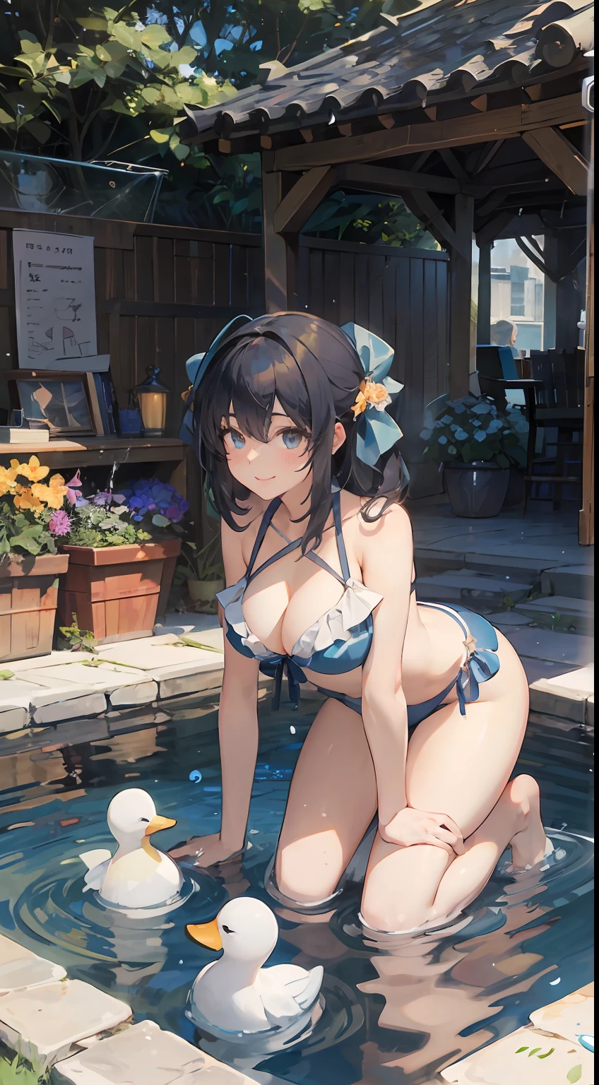 In the children's pool in the garden of the house，
The girls wore slightly frilled bikinis，10years old，flatchest，Lori huge breasts cleavage，short man，ssmile
，Open the mouse，intriguing，cheerfulness，kneeling down，
Water flows out of the garden hose，Spoken music notes，Duck toys，夏天，rays of sunshine，Ridiculous resolution，ultra - detailed，Best quality at best，