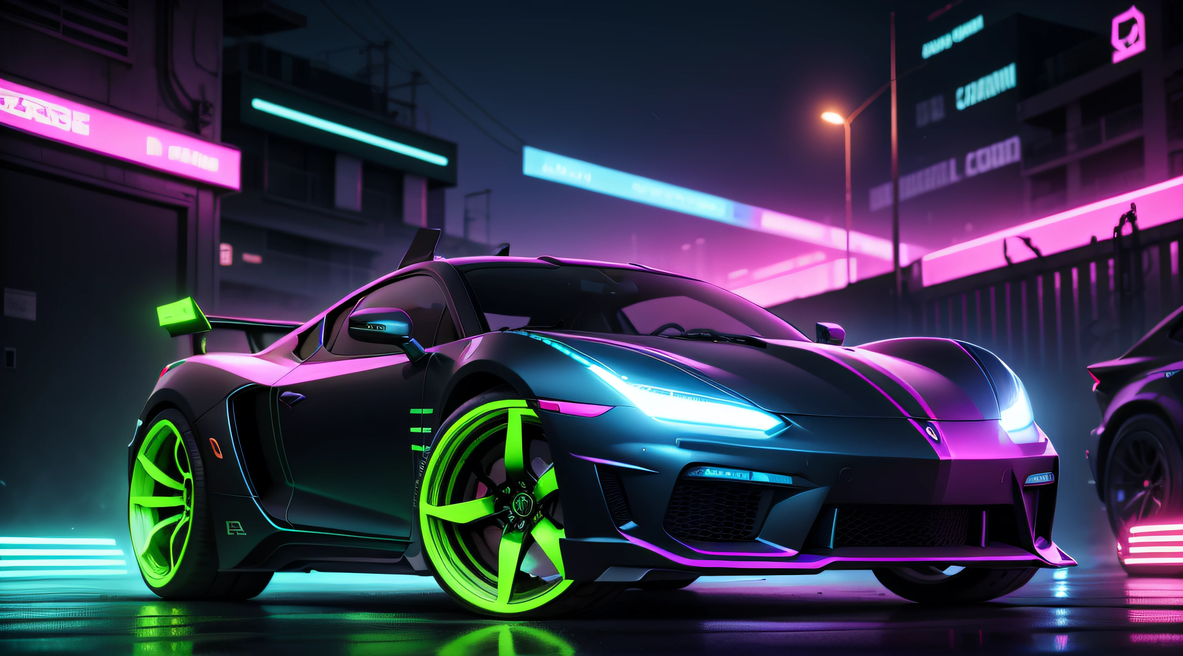 carros ciberpunk, luzes neon