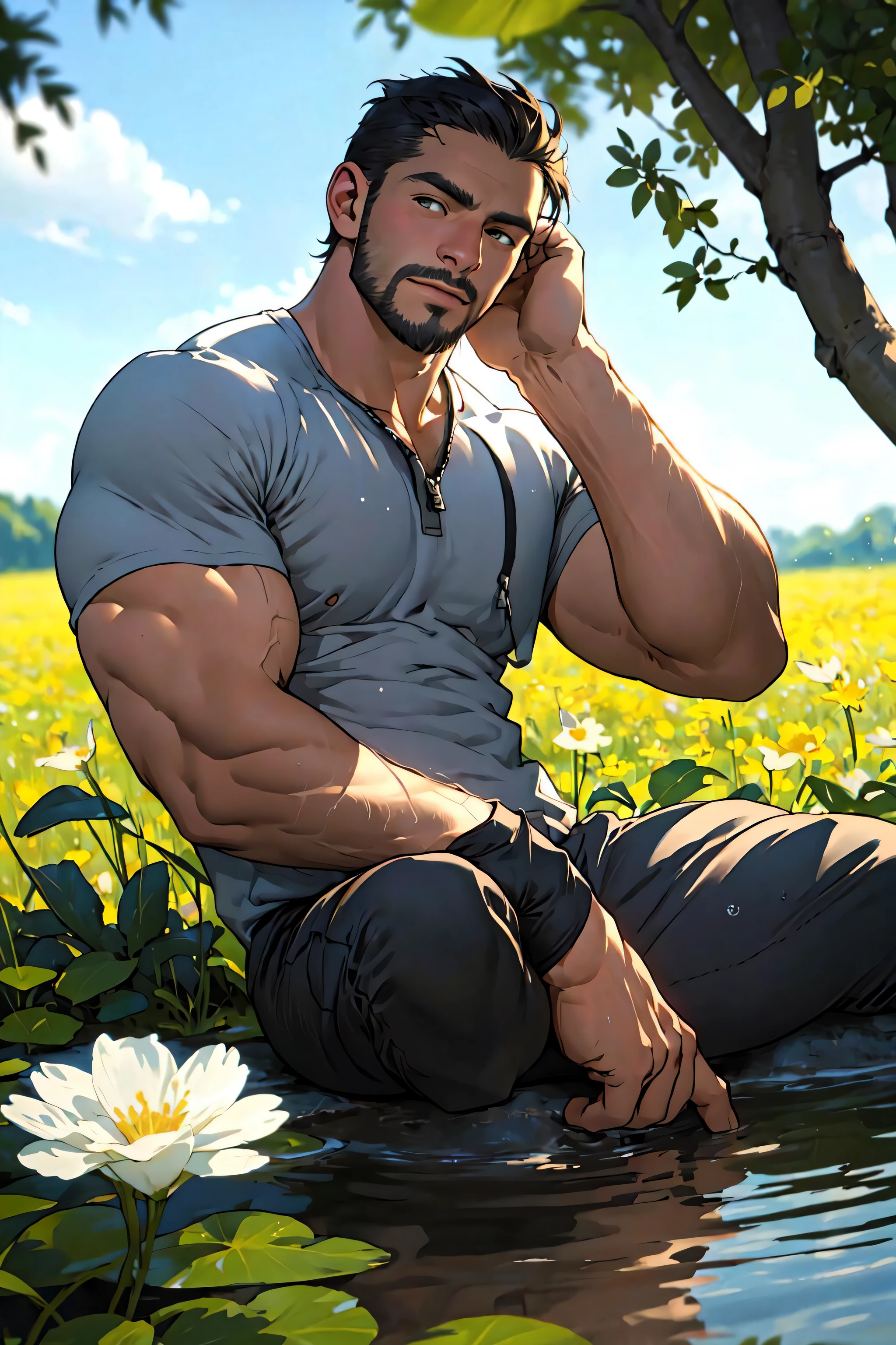 Best quality, masterpiece, expressionless,ultra high res,detailed background,realistic,1man,solo,male,muscular,mature male,short hair,facial hair,sitting,water,flower field,real shadow and light,depth of field,