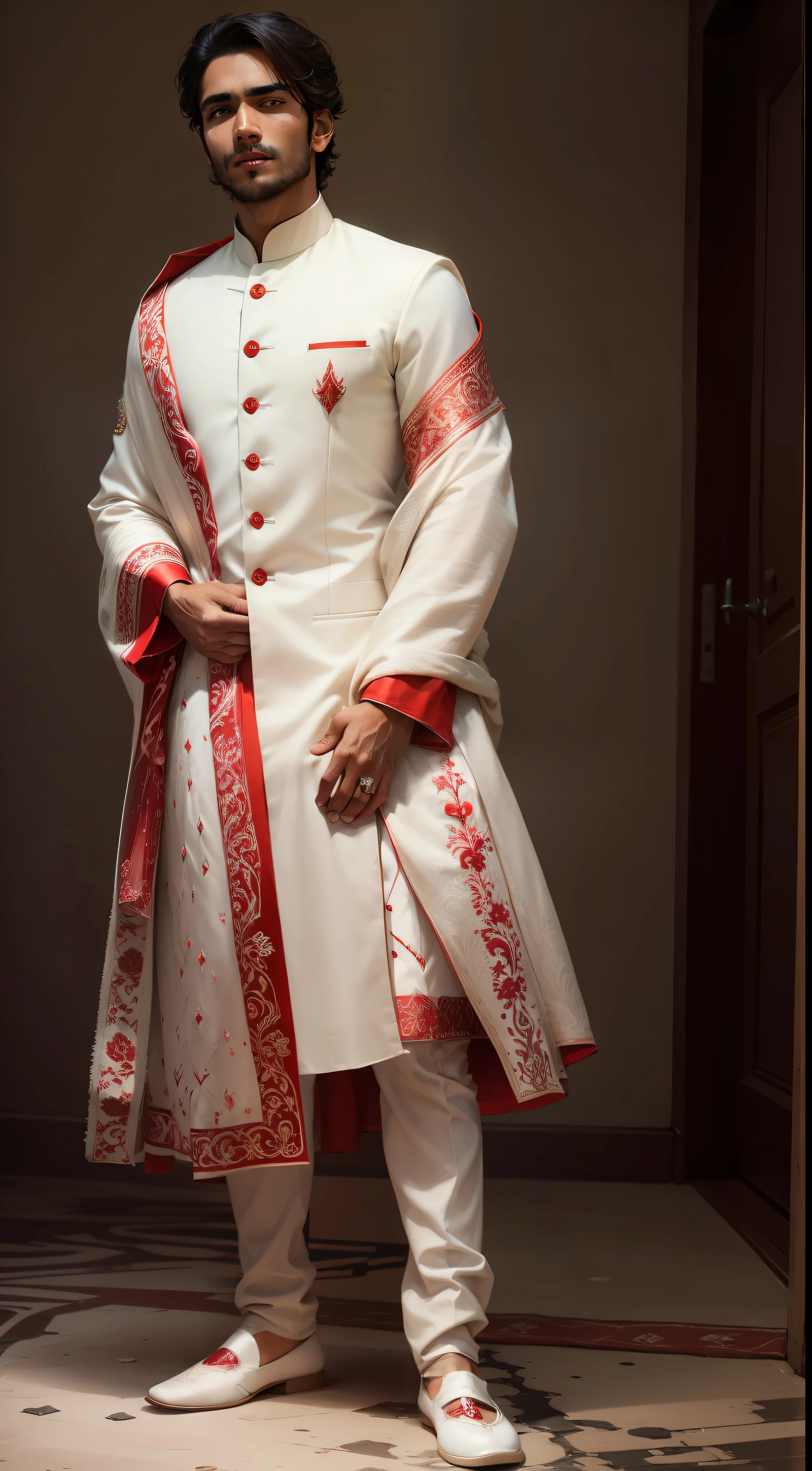 Indian men, wearing white and red wedding dress, with clear face, and clear background.