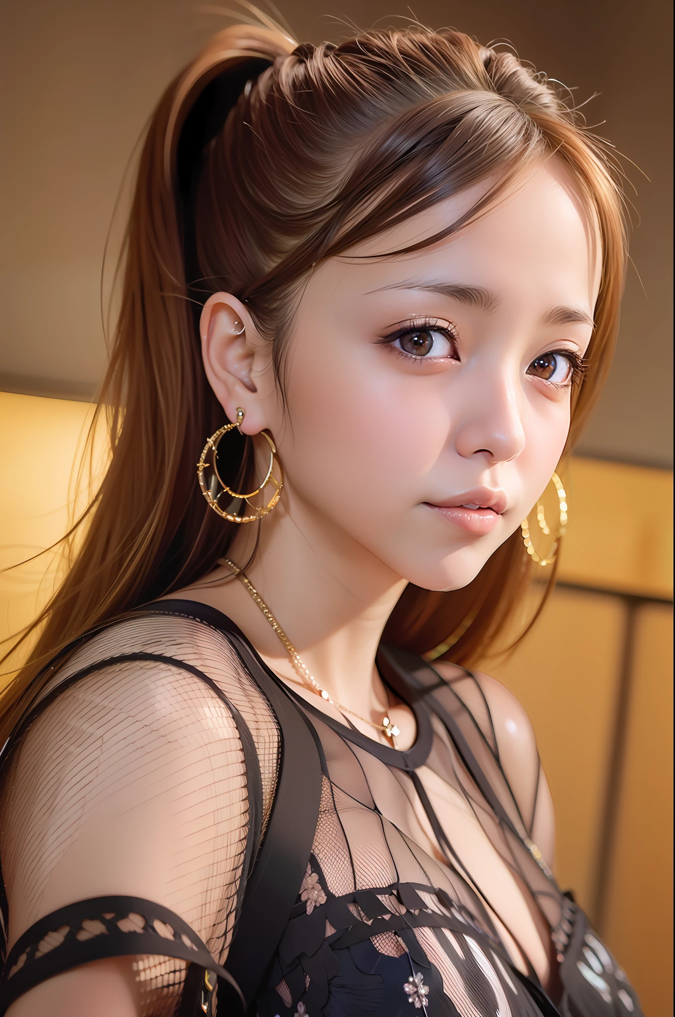 namie amuro, solo, woman, , (parted lips,light smile),(shiny skin:1.1), blush, skindentation, (slim body), tall, long legs, dark skin, wearing a brown top and jeans heels and earrings, looking at the camera in (tokyo), walking, on stage portrait, photo referenced, best quality, ultra high res, (photorealistic), (detailed face and eyes),