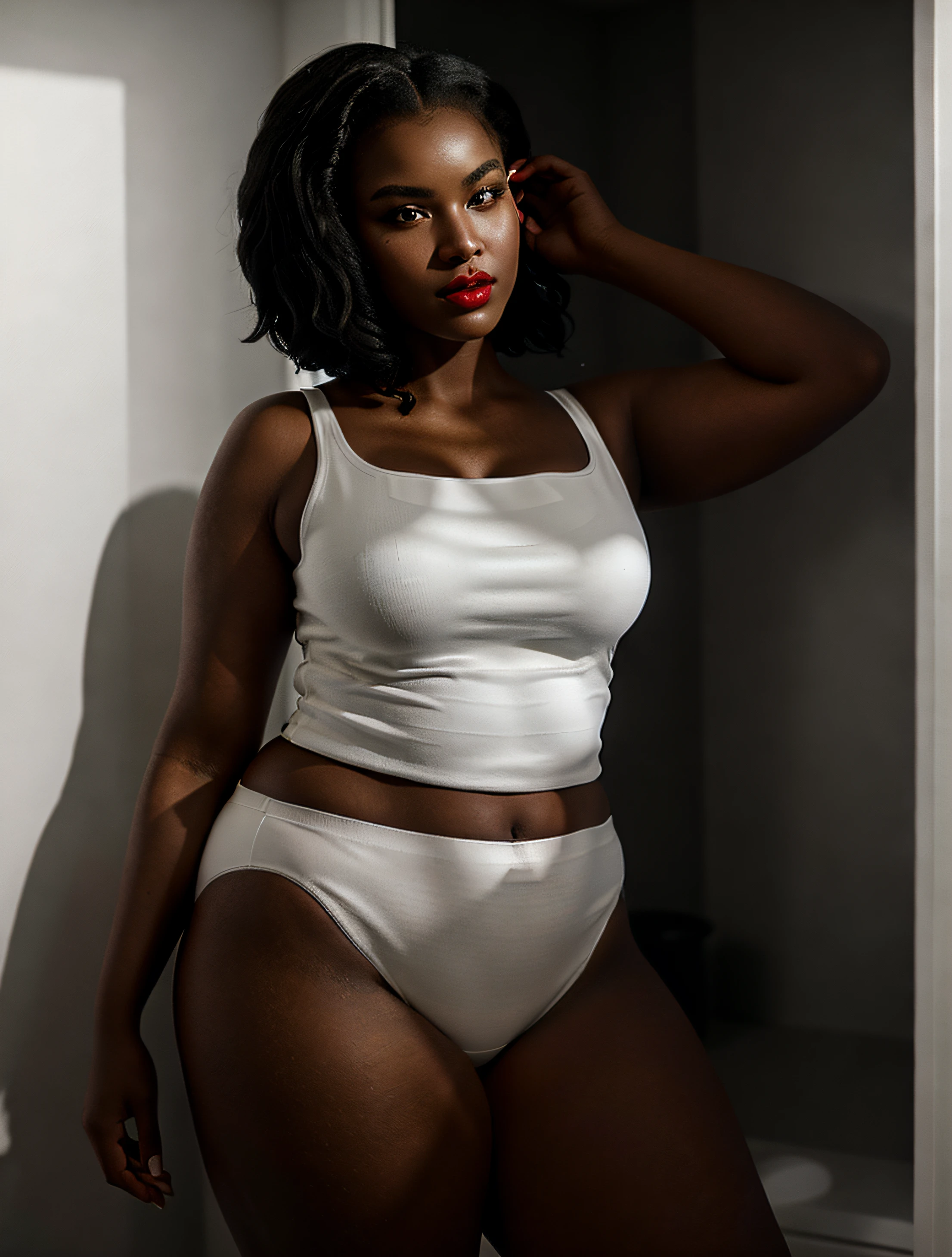 ((masterpiece, best quality)), plus-sized black woman with medium length (black hair) in white tanktop and (white high cut panties), dark brown eyes, red lipstick, standing in bathroom, (well lit room), photo realistic, intricate details