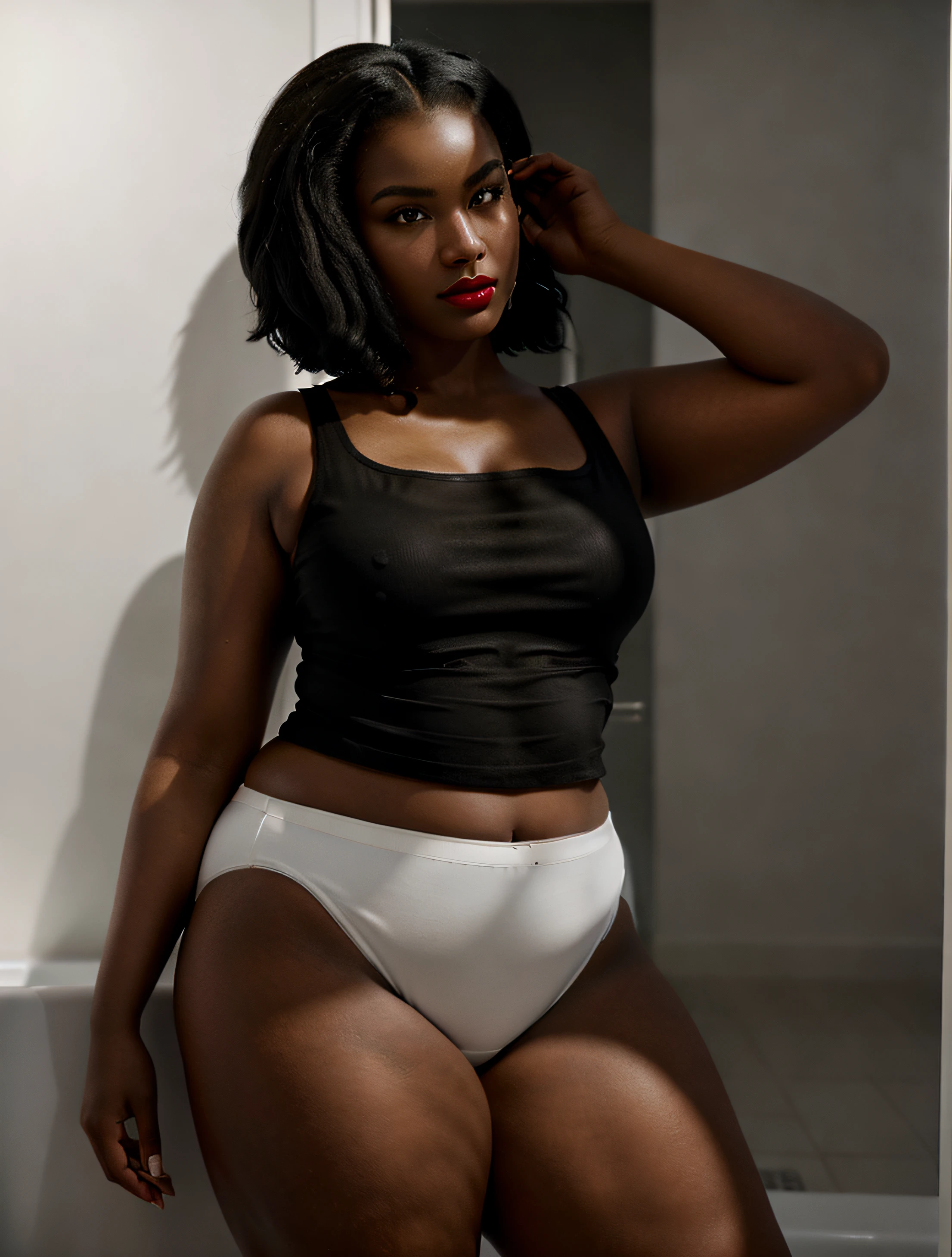 ((masterpiece, best quality)), plus-sized black woman with medium length (black hair) in white tanktop and (white high cut panties), dark brown eyes, red lipstick, standing in bathroom, (well lit room), photo realistic, intricate details
