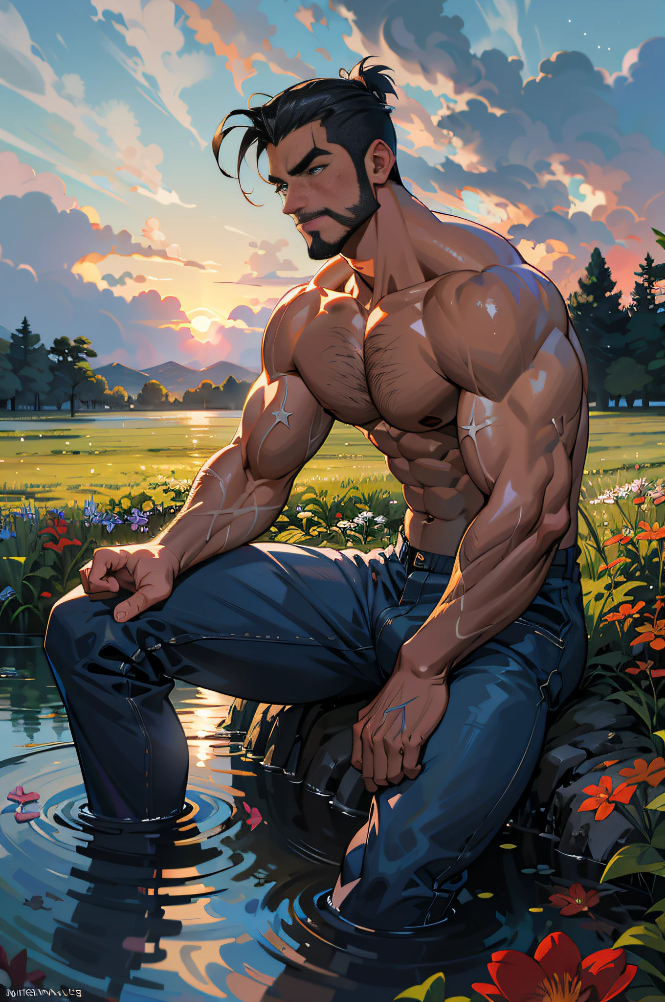 There's a man sitting in the water with his shirt out, muscular male hero, muscular character, pose masculina heroica, Commission for High Res, artstation mans aesthetic, estilo de arte realista, pose de anime bonito, arte masculina, homem bonito anime, musculoso masculino, caracteres musculares, estilo de arte fotorrealista, super buff e cool, arte de anime digital detalhada, fanart requintada altamente detalhada, (((corpo inteiro))), (((ultra detalhado))), art for coloring book page, full black background, only use outline, line art, coloring book, clean line art,