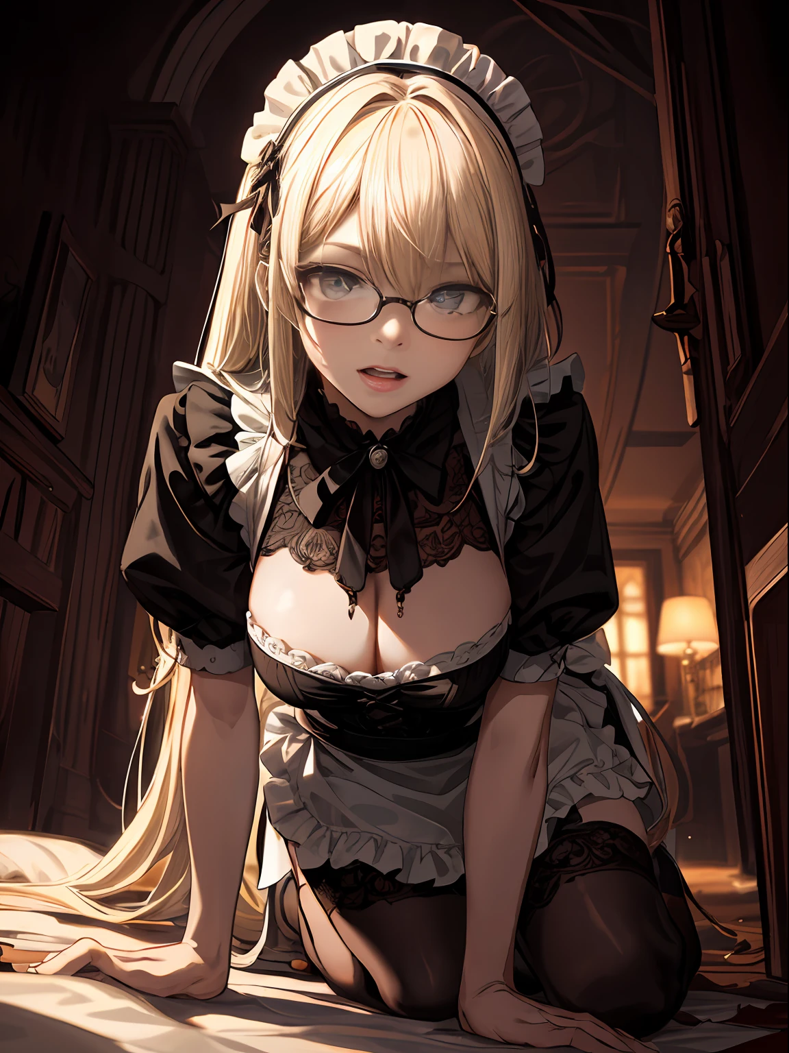 all-fours、Yes、Blonde and black mesh hair、Red brilliant eyes、Sexy、Nasty face、Sitting,hand between legs,maid, Glasses, over-kneehighs,Ahegao , Silly,Sexual ecstasy,Drunken eyes,Blunt bangs, Black hair,(masutepiece:1.2, Best Quality), (finely detailed beautiful eye: 1.2), (Detailed background,Dark Fantasy), (beautifull detailed face), High contrast, (Best Illumination, extremely delicate and beautiful), ((Cinematic Light)), Colorful, Hyper Detail, Dramatic light, Intricate details,