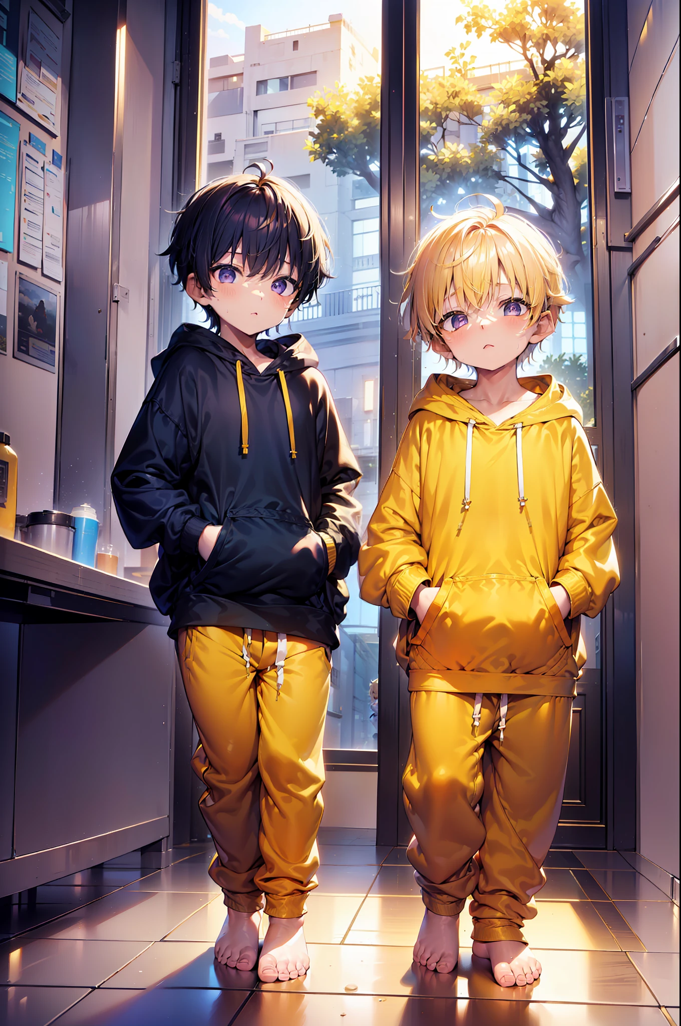 2 Little boys with golden colored hair and shiny, glowing purple eyes and barefoot and small feet, who wear a yellow oversized hoodie and sweatpants, die auf einem Fenstersims sitzen, flush, Jung, Junge, Kind, klein, Kleinkind, tiny feet, (Jogginghose:1.4), (Jung:1.4), (Kind:1.4), (Shota:1.4), (Kapuzenpullover:1.4), (standing on tiptoes:1.4)