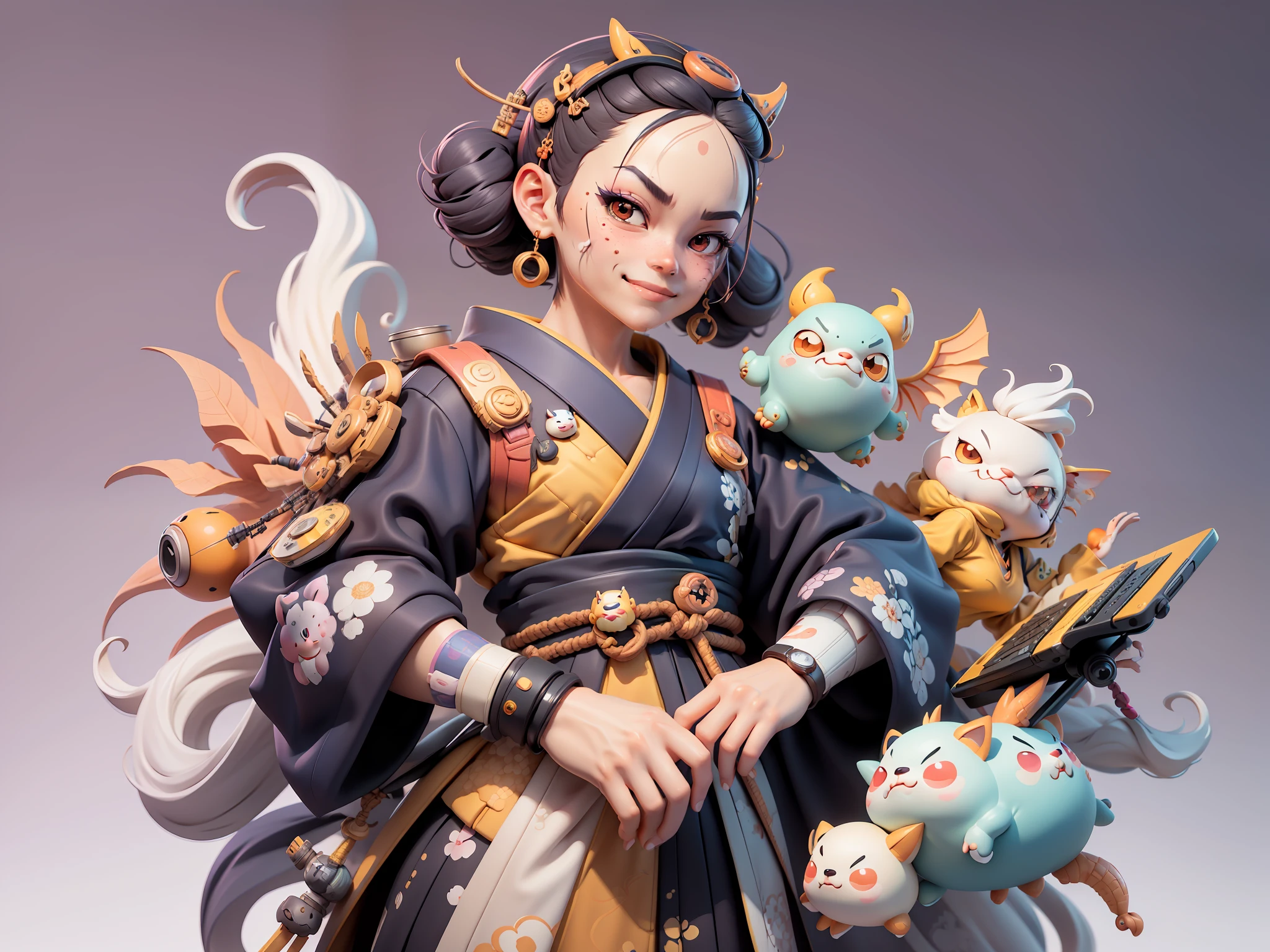(Daisaku),(Need),(Super meticulous),(full bodyesbian:1.2),Japanese ukiyo-e girl,japanese geisha,Beautiful,Oriental dragon,Aeolian Thor,Raised sexy,爆乳,Oriental face,TV Anchor,Bust portrait illustration,Alone,In black suit,a blue tie,The face is slightly chubby,The face was clean,without a beard,Black super short hair,Black eyes,Smile confidently,3C computer sub-products,iPad, iphone,Digital painting,3D character design by Mark Clairen and Pixar and Hayao Miyazaki and Akira Toriyama,The illustration is a high-definition illustration in 4K resolution,With very detailed facial features and cartoon-style visuals。