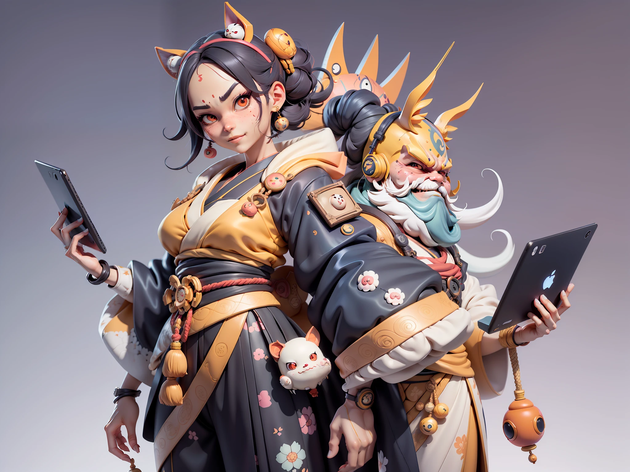 (Daisaku),(Need),(Super meticulous),(full bodyesbian:1.2),Japanese ukiyo-e girl,japanese geisha,Beautiful,Oriental dragon,Aeolian Thor,Raised sexy,爆乳,Oriental face,TV Anchor,Bust portrait illustration,Alone,In black suit,a blue tie,The face is slightly chubby,The face was clean,without a beard,Black super short hair,Black eyes,Smile confidently,3C computer sub-products,iPad, iphone,Digital painting,3D character design by Mark Clairen and Pixar and Hayao Miyazaki and Akira Toriyama,The illustration is a high-definition illustration in 4K resolution,With very detailed facial features and cartoon-style visuals。