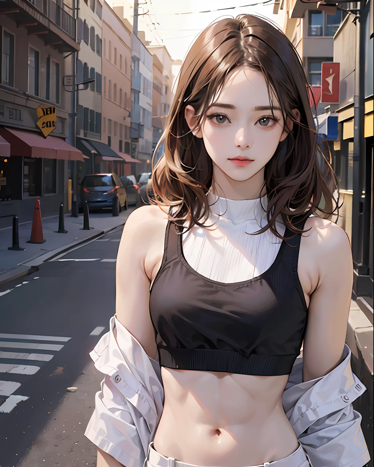 ((Realistic lighting、top-quality、8K、​masterpiece:1.3))、Clear focus:1.2、1girl in、Perfect figure:1.4、fullnude、Slim abs:1.1、((dark brown  hair))、(White crop top:1.4)、(outside of house、natta:1.1)、Street、Super fine face、Narrow-eyed、二重まぶた、