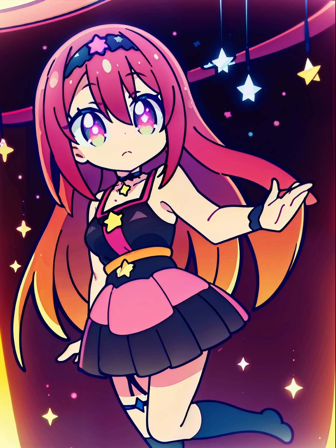 ((Masterpiece, highest quality)), (Best Picture:1.2), (Best Quality:1.3), style, looking at viewer, starry background, (((Q version))), full body, standing, v sing, finely detail, detailed face, full of details, highly detailed, depth, 1girl, girl in a skirt and headphones, :3, long hair, bangs, multicolored hair, Ombre hair, gradient hair, Brown hair with pink tips, [[brown hair]], [[[[[[pink hair]]]]]], black bra, long gloves, pink skirt, pleated skirt, loose socks, leg warmers, black choker, red eyes, ((star-shaped pupils)), anmnr