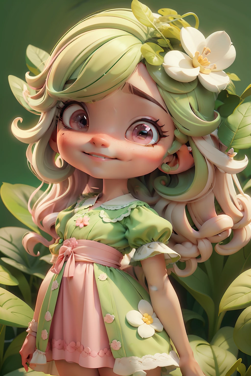 Avatar menina,sorriso meigo e delicado,vestida com uma jardineira, corpo inteiro,pele clara e olhos verdes,cartoon 3D com blusa delicada,, casaco peludinha, cabelos amarelo e rosa, fundo simples e branco