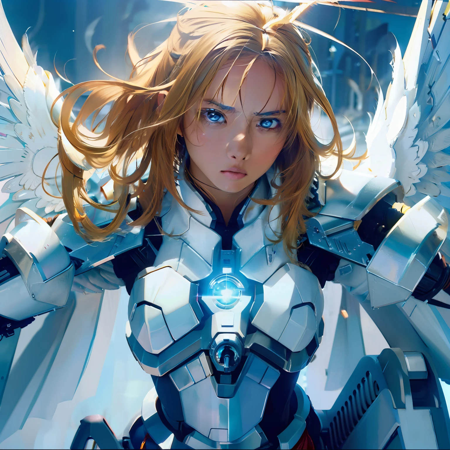 (highres, best quality, masterpiece), depth of field, adult female, solo, bold colors 4K, dramatic lighting, action scene, blonde hair, hair parted, hair between eyes, blue eyes, (detailed eyed), looking fierce, serious expression, angry expression, looking out into the distance, looking away, smooth skin, fully body, physically fit body, mechanical armor, (high-tec armor), angelic wings, white wings, hovering in the air, gliding in the air, making a fist, looking to strike, closed_mouth, crouching down, shooting a beam of light from her hand, firing a blast of blue light from her palm, a beam of pure energy