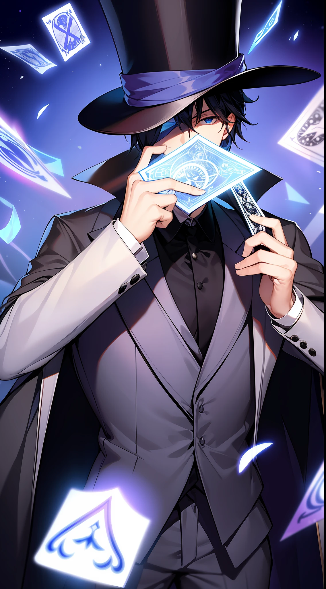 a magic using a closed mask covering all his face wearing a suit and a top hat using a white mask with floating tarot cards surrounding him