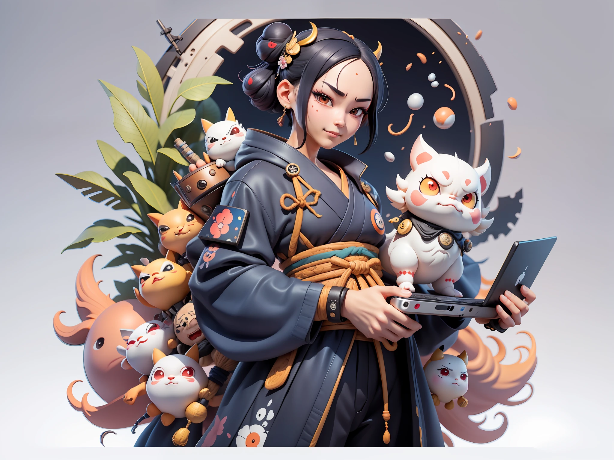 (Daisaku),(Need),(Super meticulous),(full bodyesbian:1.2),Japanese ukiyo-e girl,japanese geisha,Beautiful,Oriental dragon,Aeolian Thor,Raised sexy,爆乳,Oriental face,TV Anchor,Bust portrait illustration,Alone,In black suit,a blue tie,The face is slightly chubby,The face was clean,without a beard,Black super short hair,Black eyes,Smile confidently,3C computer sub-products,iPad, iphone,Digital painting,3D character design by Mark Clairen and Pixar and Hayao Miyazaki and Akira Toriyama,The illustration is a high-definition illustration in 4K resolution,With very detailed facial features and cartoon-style visuals。