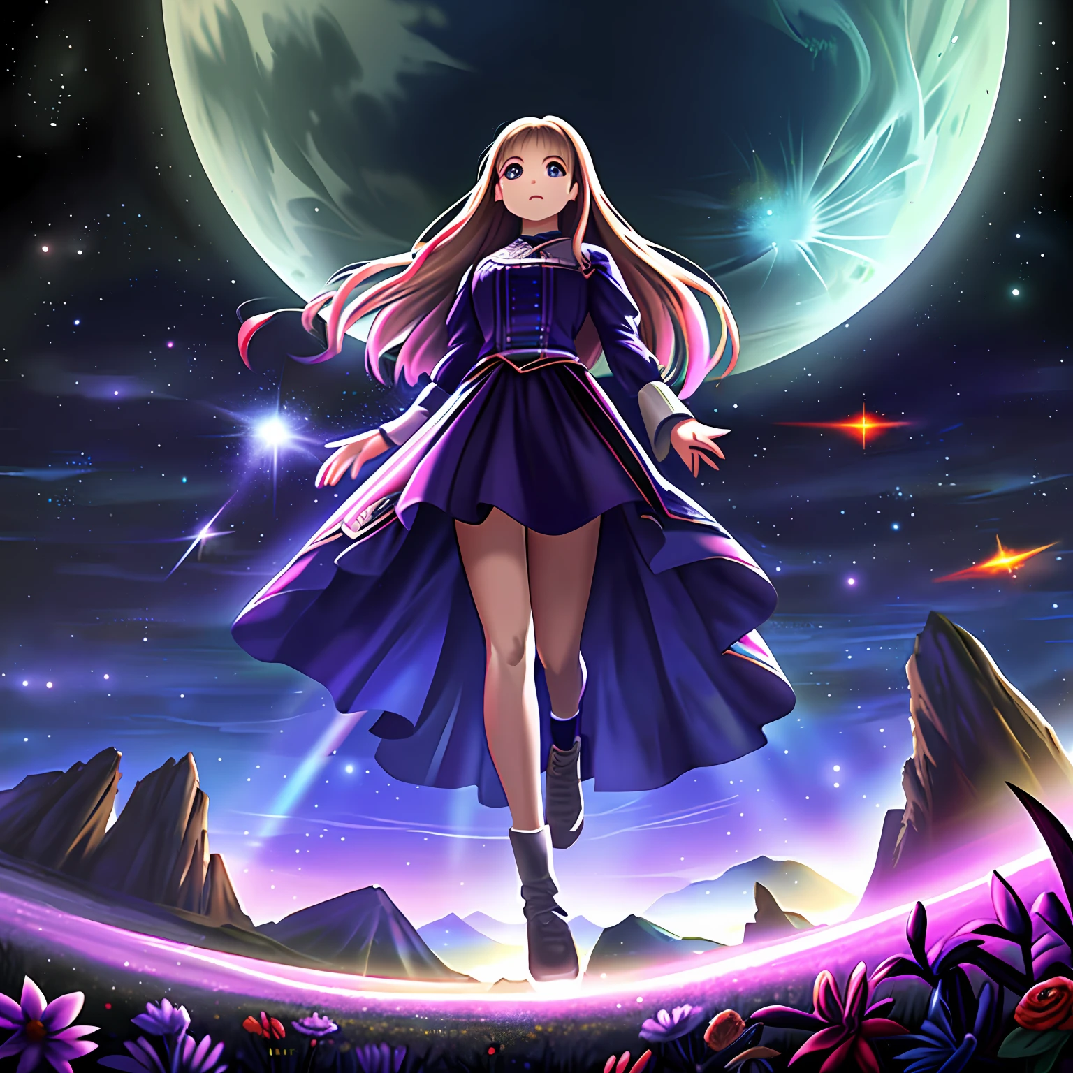 A wide landscape photo, (viewed from below, the sky is above, and the open field is below), a girl standing on a flower field looking up, (full moon: 1.2), (meteor: 0.9), (nebula: 1.3), distant mountains , Trees BREAK Crafting Art, (Warm Light: 1.2), (Firefly: 1.2), Lights, Lots of Purple and Orange, Intricate Details, Volumetric Lighting BREAK (Masterpiece: 1.2), (Best Quality), 4k, Ultra Detailed, (Dynamic Composition: 1.4), Rich in Detail and Color, (Rainbow Color: 1.2), (Glow, Atmospheric Lighting), Dreamy, Magical, (Solo: 1.2)
