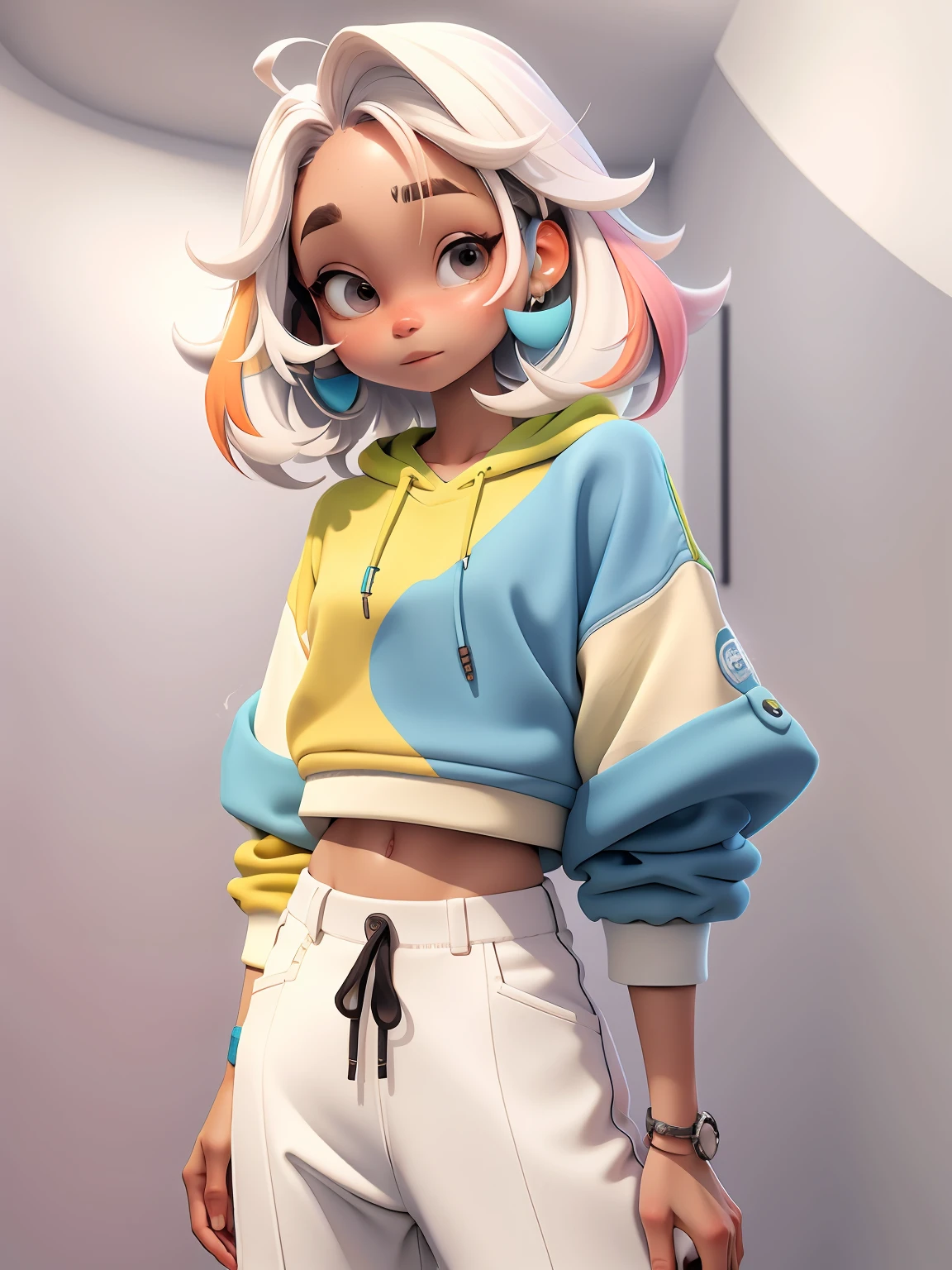 uma menina, corpo inteiro, cabelo longo, curto, enrolado, com fones de ouvido branco, sweatshirt and pants, multicolorido, tridimensional, Miscellaneous color matching, using resolution