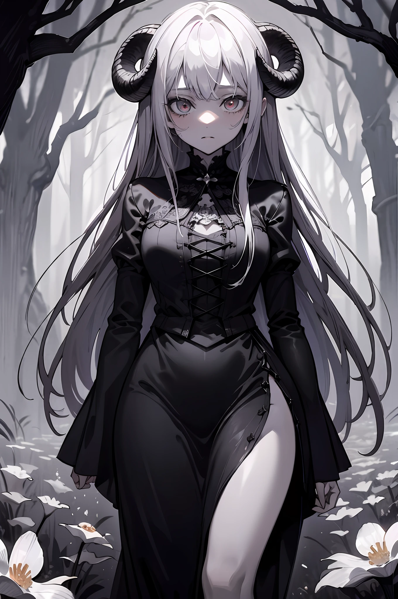offcial art, Unity 8k wallpaper, Ultra detailed, Beautiful and aesthetic, High quality, Beautiful, Masterpiece, Best quality, (zentangle, mandalas, Tangled, entangle:0.6), Black and white photo of girl in dark forest, (Male monster next to girl), Gloomy, Dark, limited palette, Long straight black hair, Garlic flowers, goat skull, (Red, black), (Horror), (Gloomy), Blood, occult, The demons