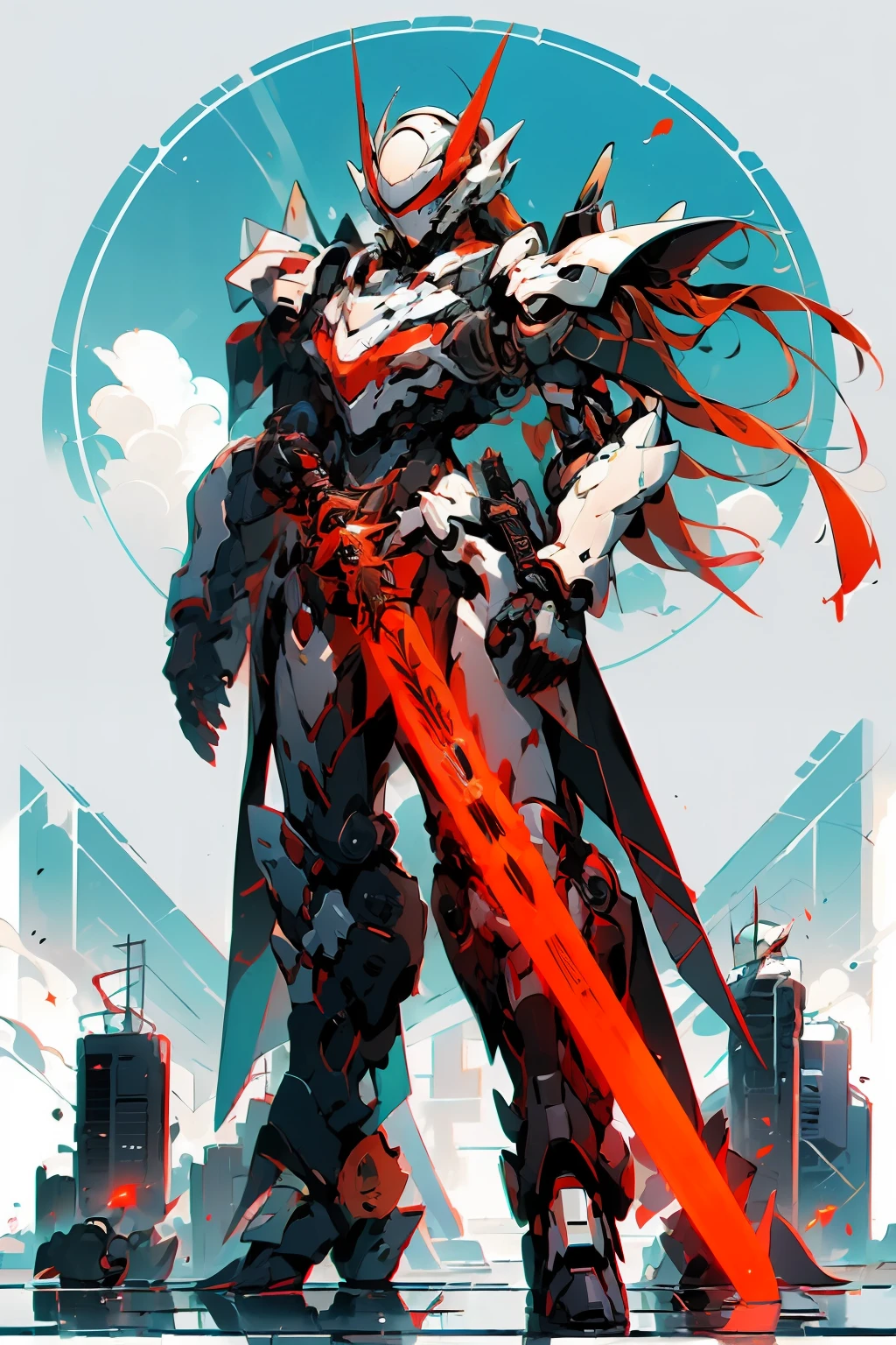 mecha_musume, 1 girl, long_hair, science_fiction, weapon, lightsaber, holding_sword, res_eyes, solo, headdress, holding_weapon, mecha, bust, red and black livery, angel halo, sad gaze, upper body, mermaid line, robot with red flames and black body holding red flames sword