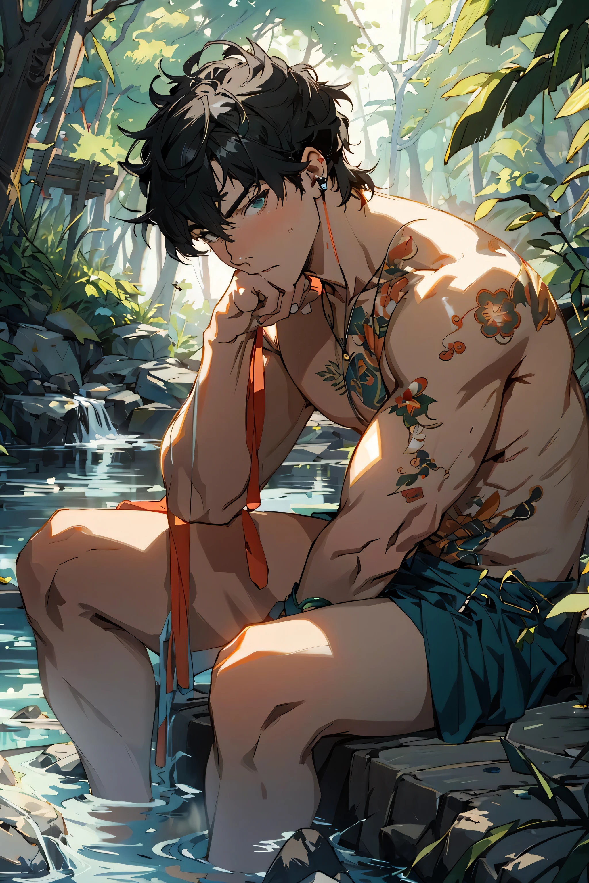 Best quality, masterpiece, ultra high res, detailed background, solo, male, onsen, towel, looking down, looking at viewer, depth of field, summer, cold expression, black hair, green eyes, no facial hair, danheng, sitting, dappled sunlight, bulge, shirtless, hot spring