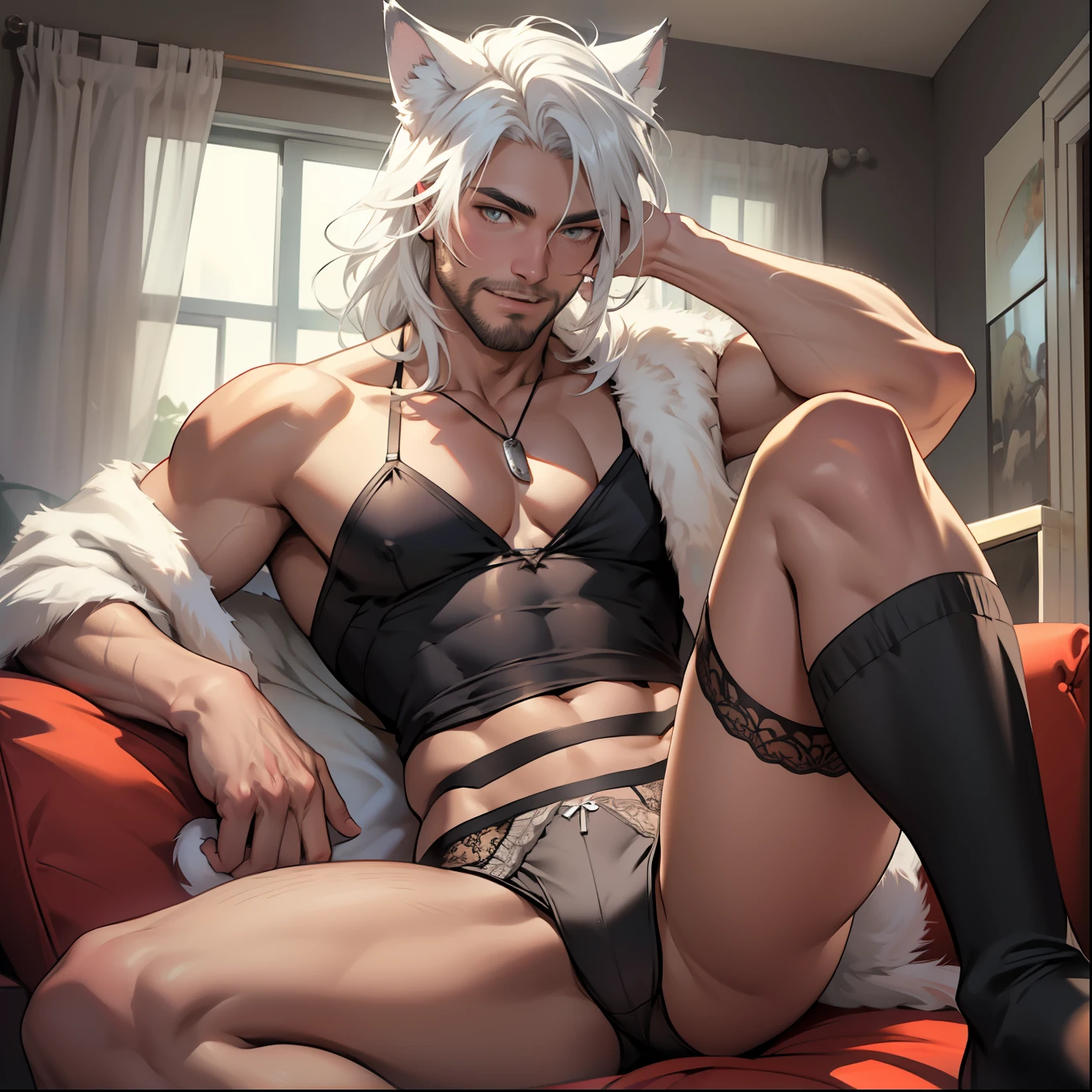 Male with light beard, flowing white hair, has wolf ears, has wolf tail, , happy, playful, sitting on couch watching tv, wearing panties, wearing stockings, wearing lingerie