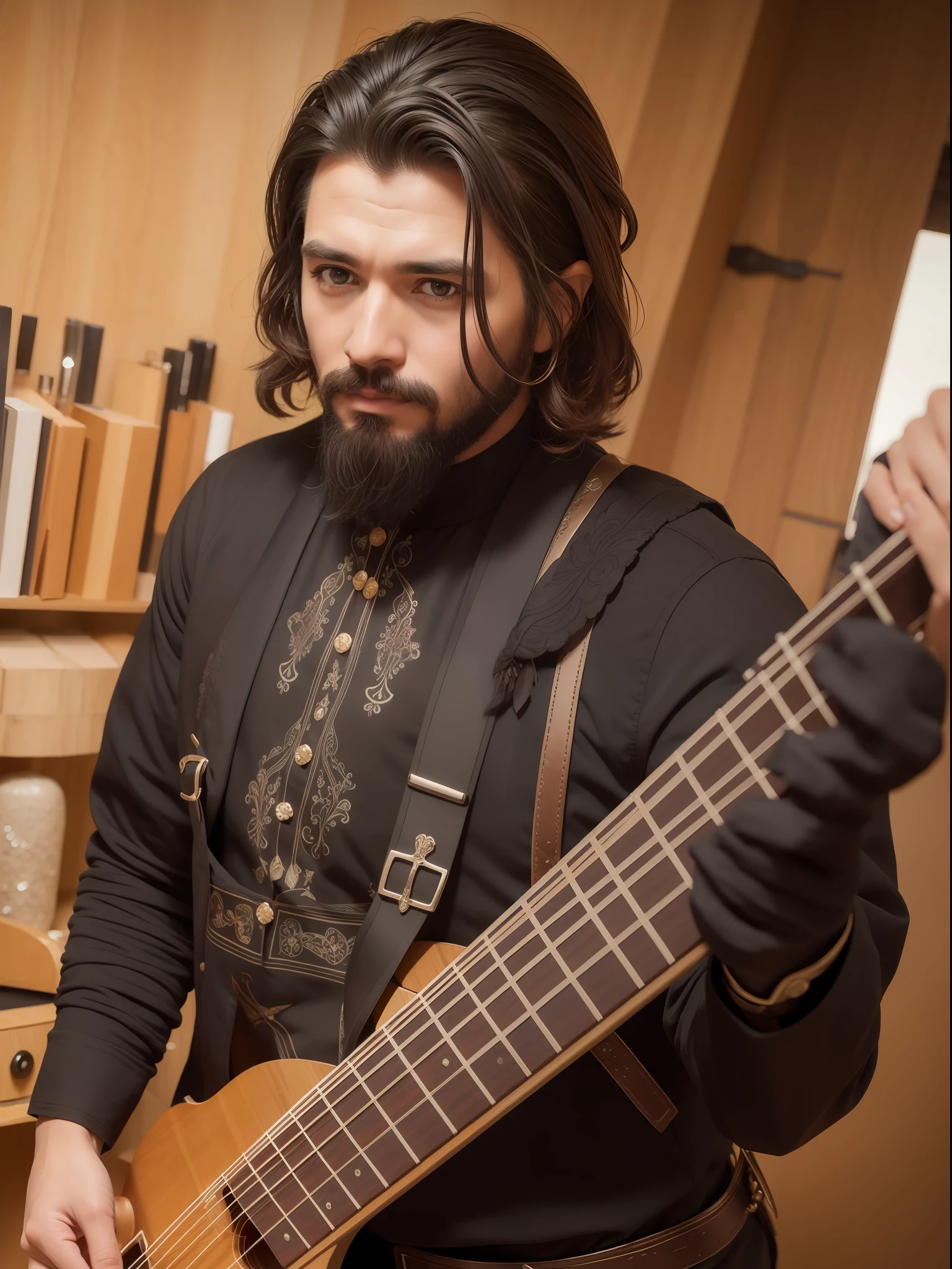 Make me a bard, homem, meio-elfo, com cabelos negros e longos