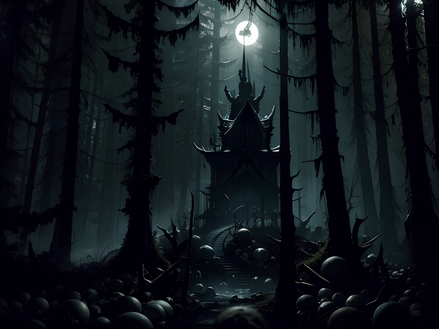 A STATUE OF A TERRIFYING WOMAN on top of HUMAN SKULLS in A DENSE AND DARK FOREST AT NIGHT IN THE MOONLIGHT OF THE FULL MOON, Clima denso, gothic horror vibes, arte de fantasia de terror, cores mortas