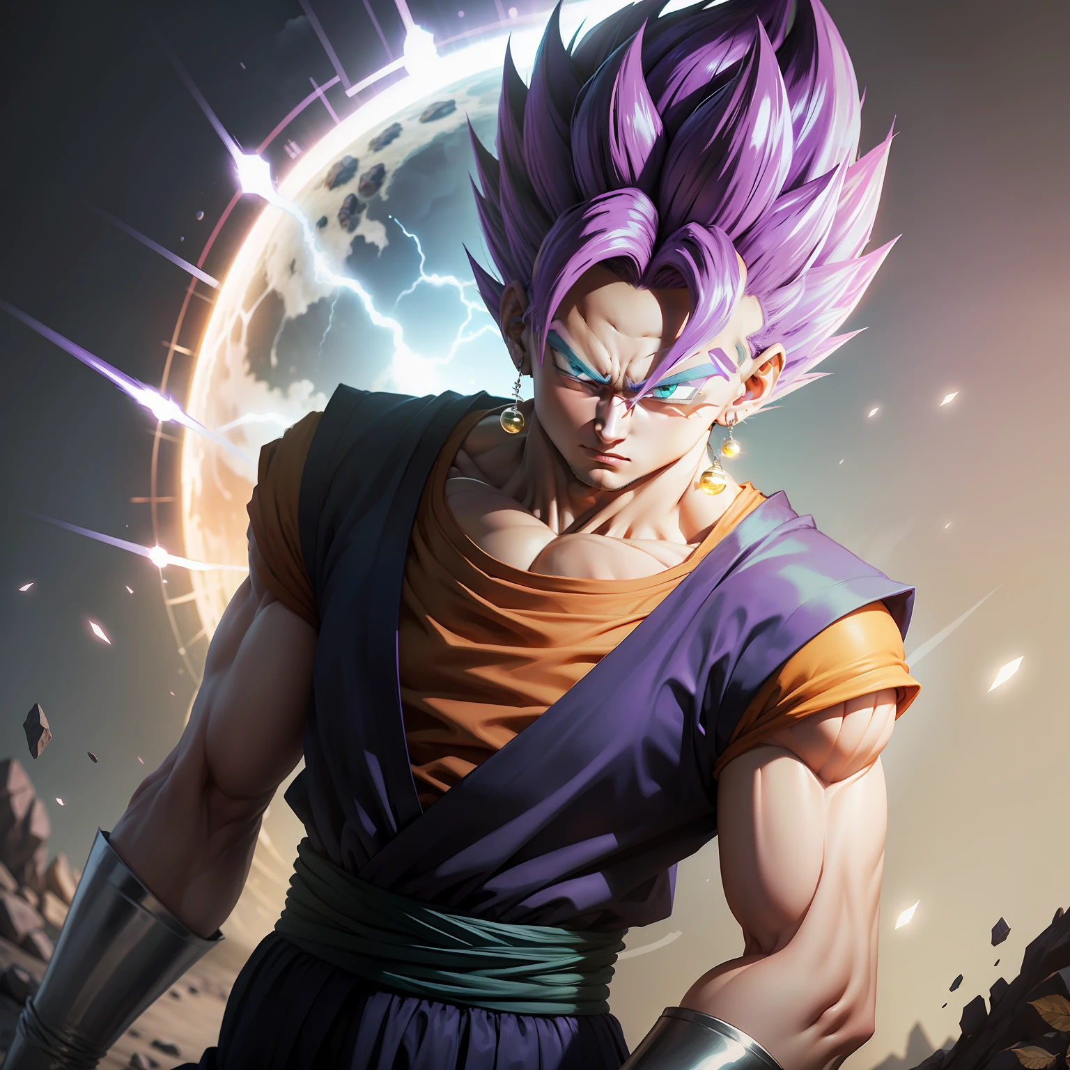 Vegetto com cabelo roxo e com olhos amarelos