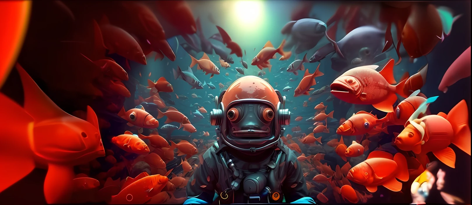 a close up of a person in a diving suit surrounded by fish, beeple!!, realism | beeple, style hybrid mix of beeple, beeple art, beeple. hyperrealism, beeple |, beeple artwork, recusion beeple, beeple daily art, by Beeple