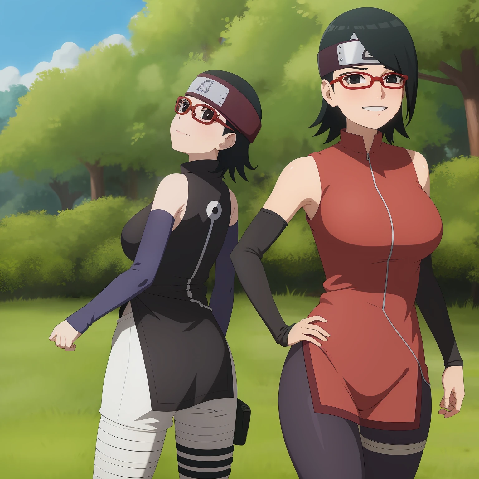 anime screencap, anime coloring, 1girl,solo,black hair,short hair,forehead protector, (dress:1.1),bare shoulders, arm warmers,( shorts:0.8), cowboy shot, glasses,red-framed eyewear, bandaged leg, thigh holster, standing,outdoors, sun,blue sky,forest,nature,smile,black eyes, from behind, looking back,mommy,milf, big and saggy breasts, not wearing pants and shirts, no underwear and big, saggy pantyhose, blushing and sweating all over her clothes