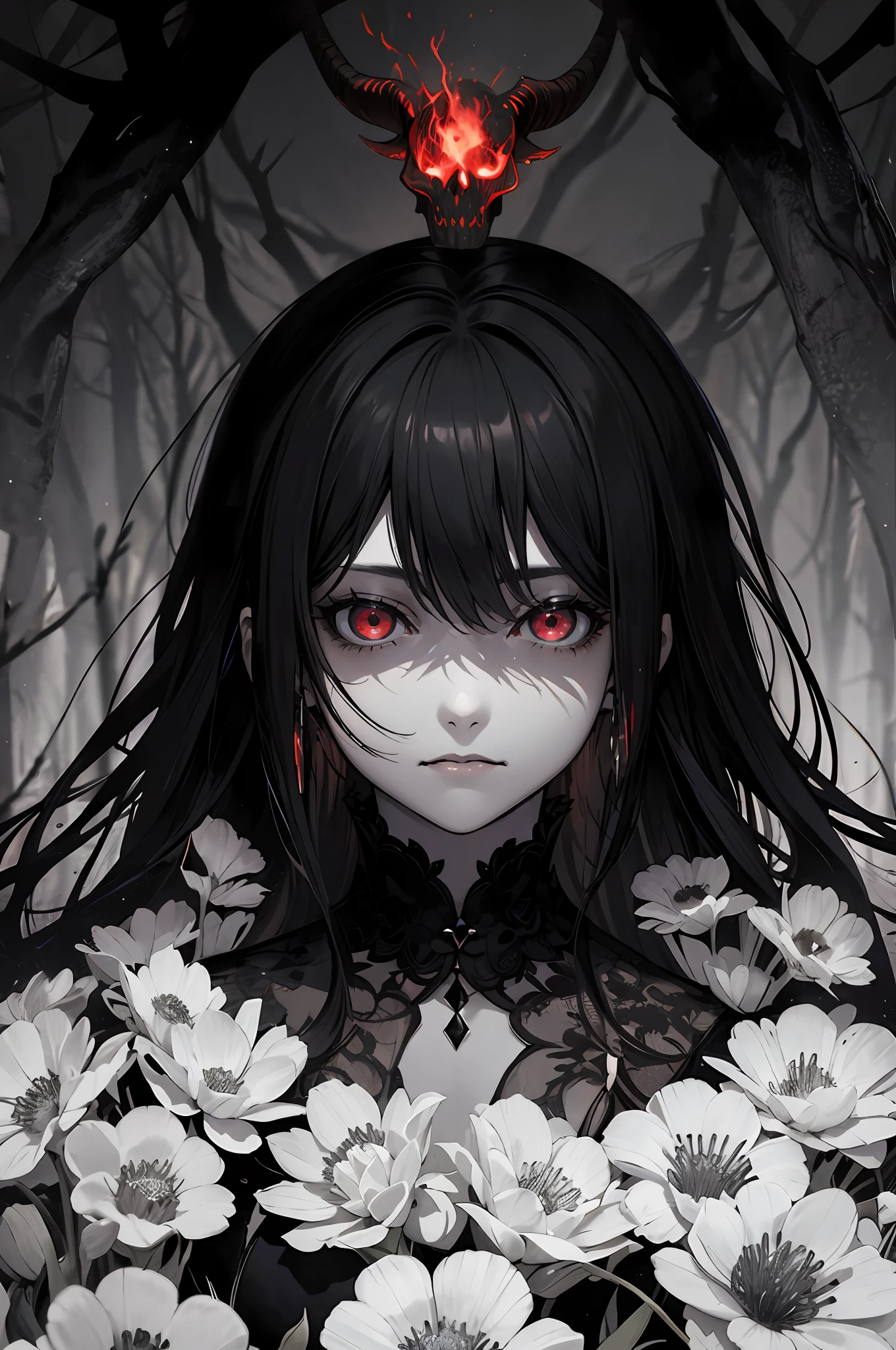 offcial art, Unity 8k wallpaper, Ultra detailed, Beautiful and aesthetic, High quality, Beautiful, Masterpiece, Best quality, (zentangle, mandalas, Tangled, entangle:0.6), Black and white photo of man and girl in dark forest, (Male monster next to girl), Gloomy, Dark, limited palette, Long straight black hair, Garlic flowers, goat skull, (Red, black), (Horror), (Gloomy), Blood, occult, The demons