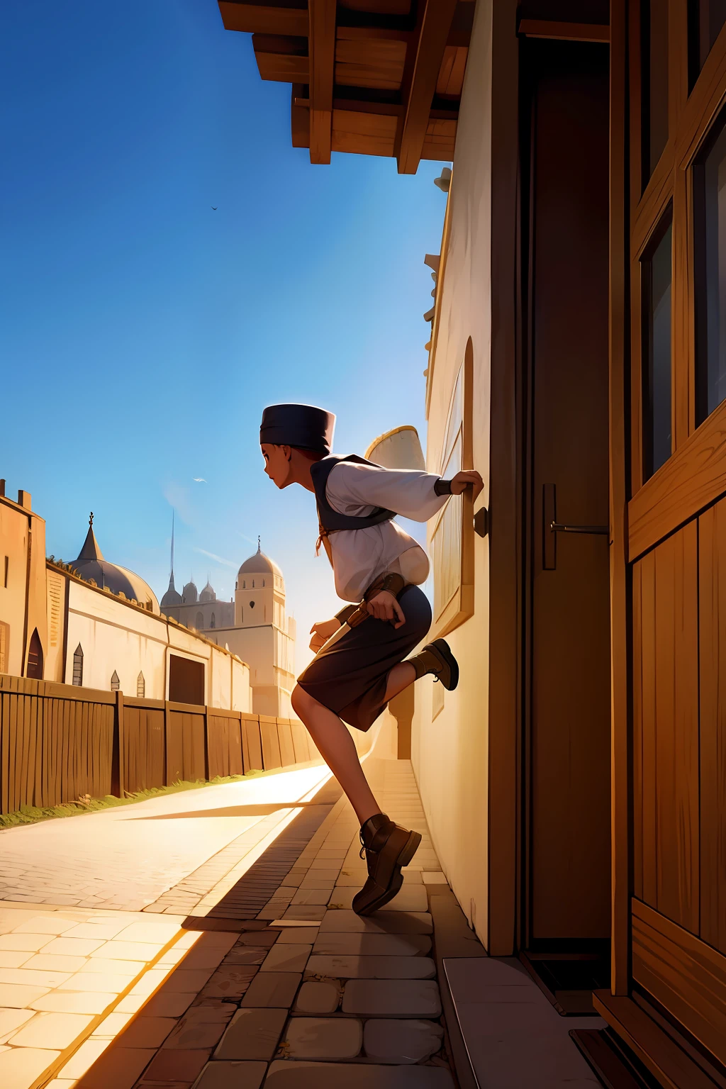 young muslim boy, medival times, cinematic light, street robbing, running